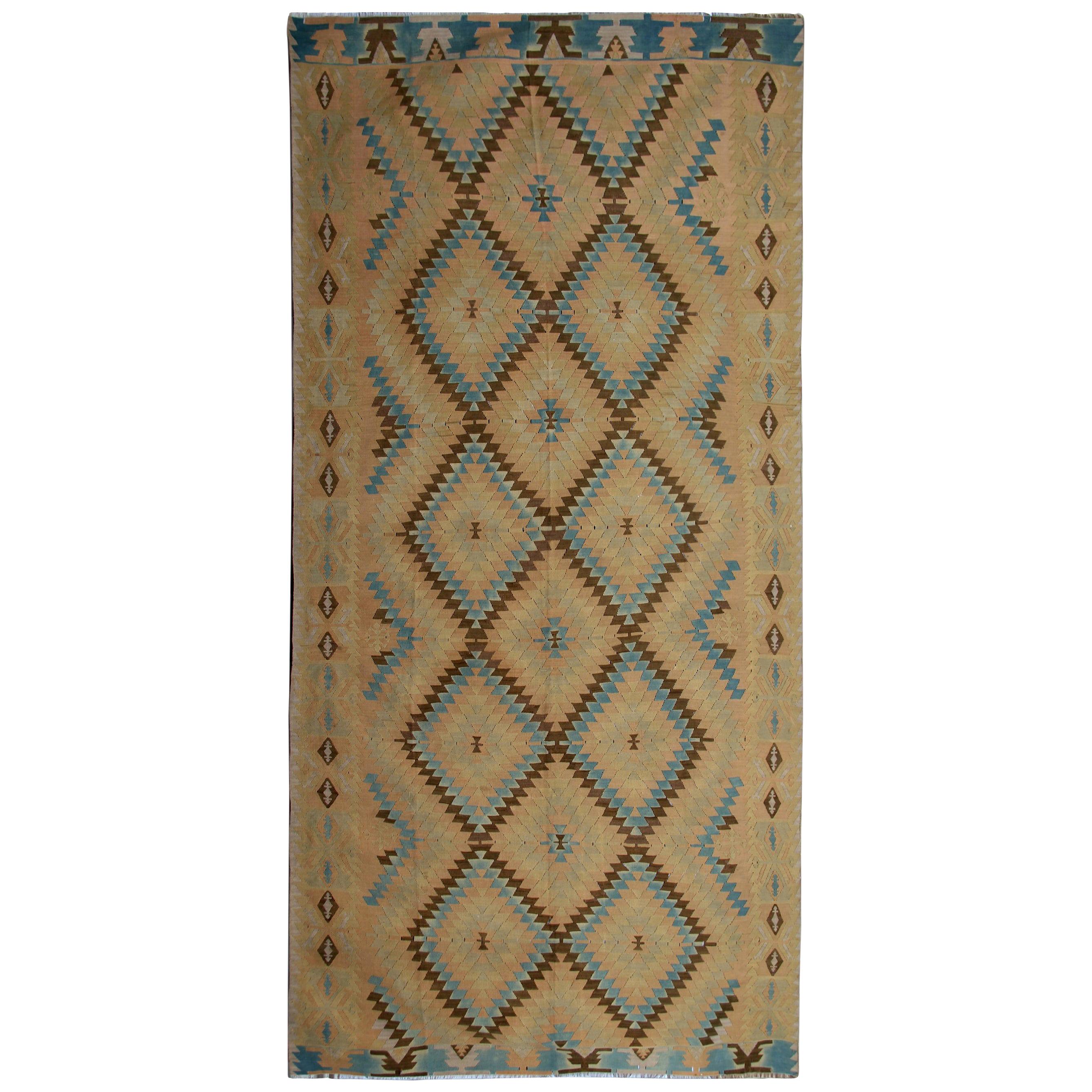 Orientalischer orientalischer gelber geometrischer Kelim-Teppich, traditioneller antiker Läufer
