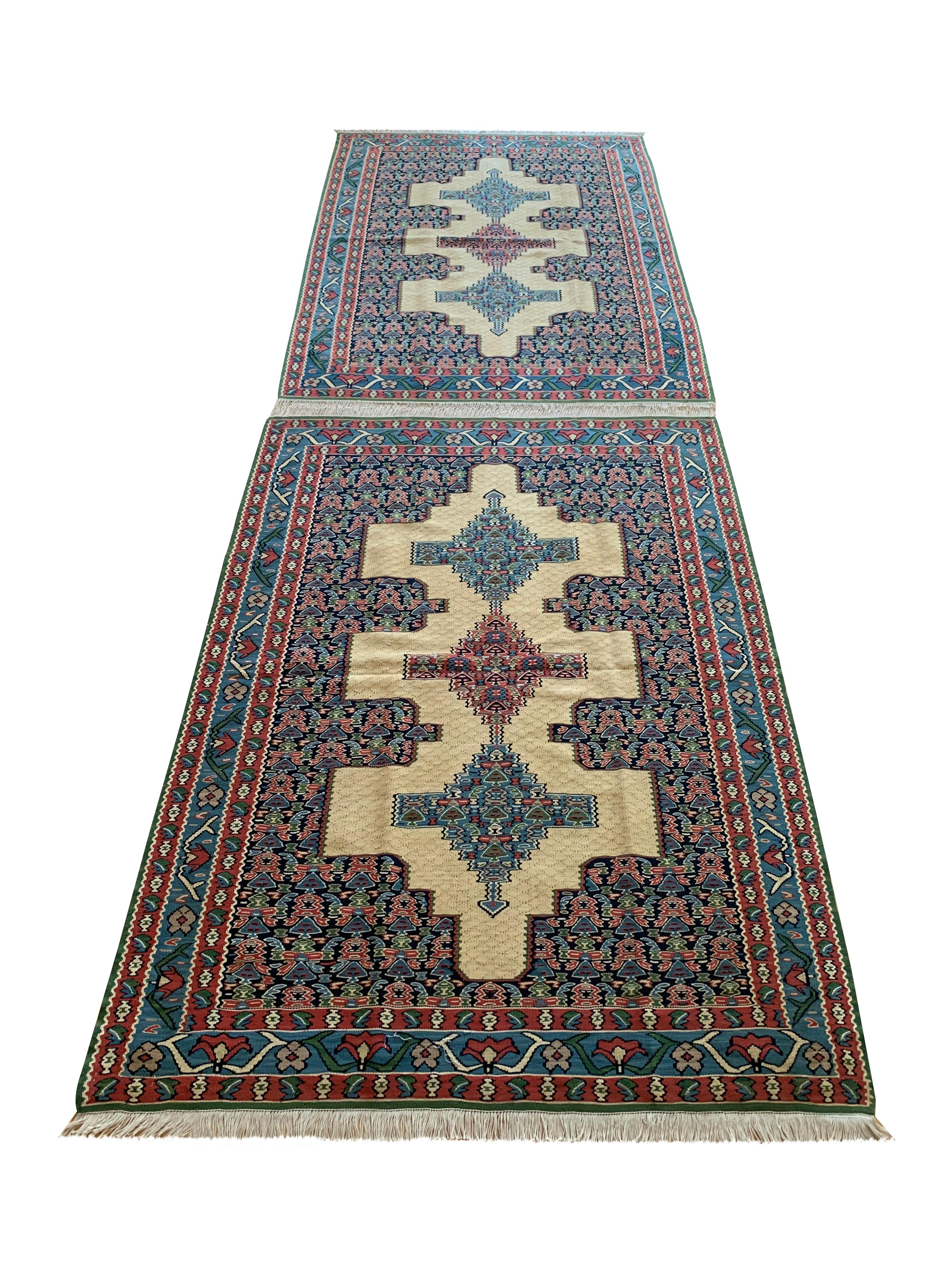 Oriental Rugs Flat-Woven Kilims Handmade Carpet Blue Beige Wool Kilim For Sale 5