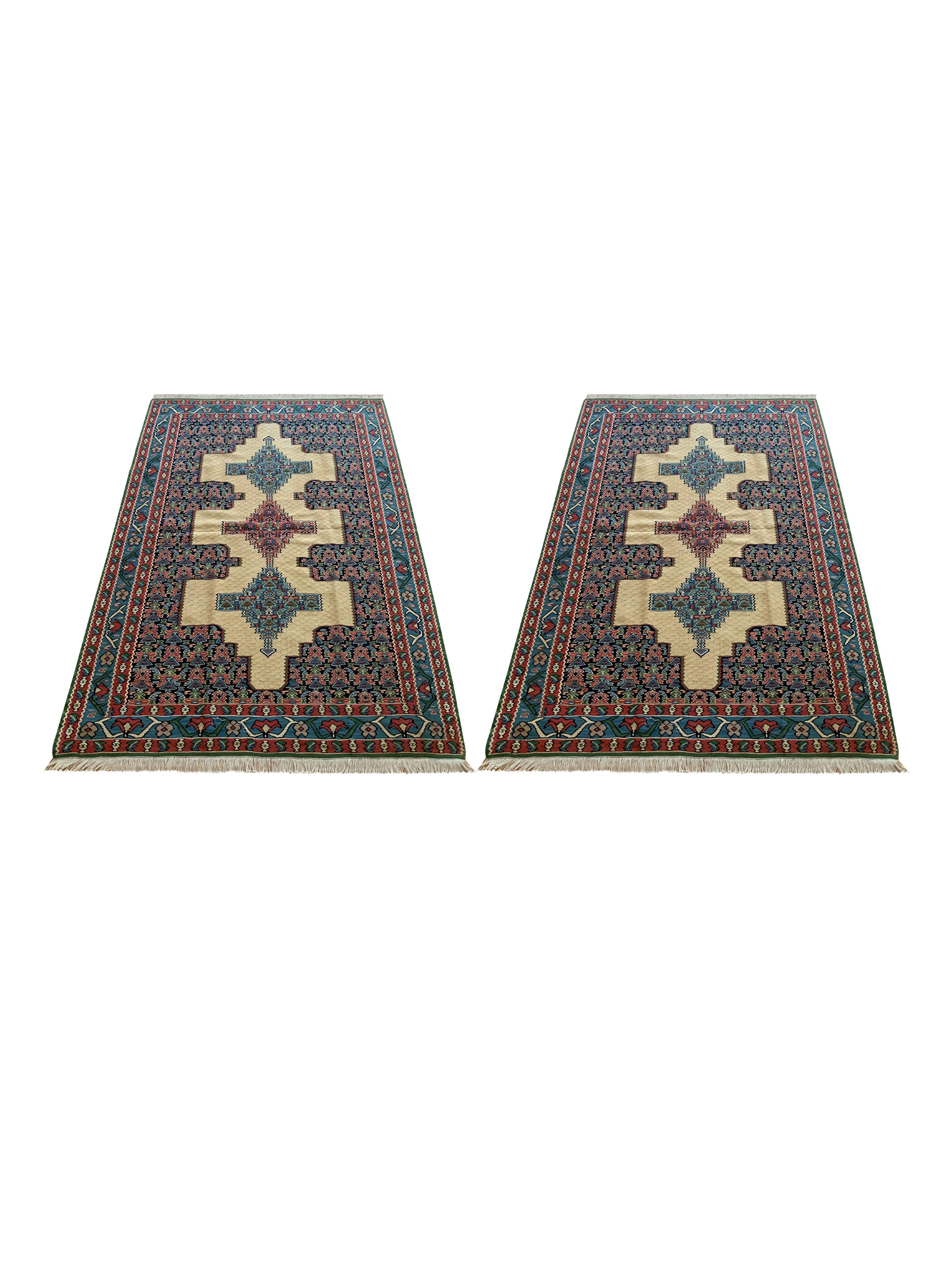 Orientteppiche Flachgewebe Kilims Handgefertigt Teppich Blau Beige Wolle Kilim im Angebot 6