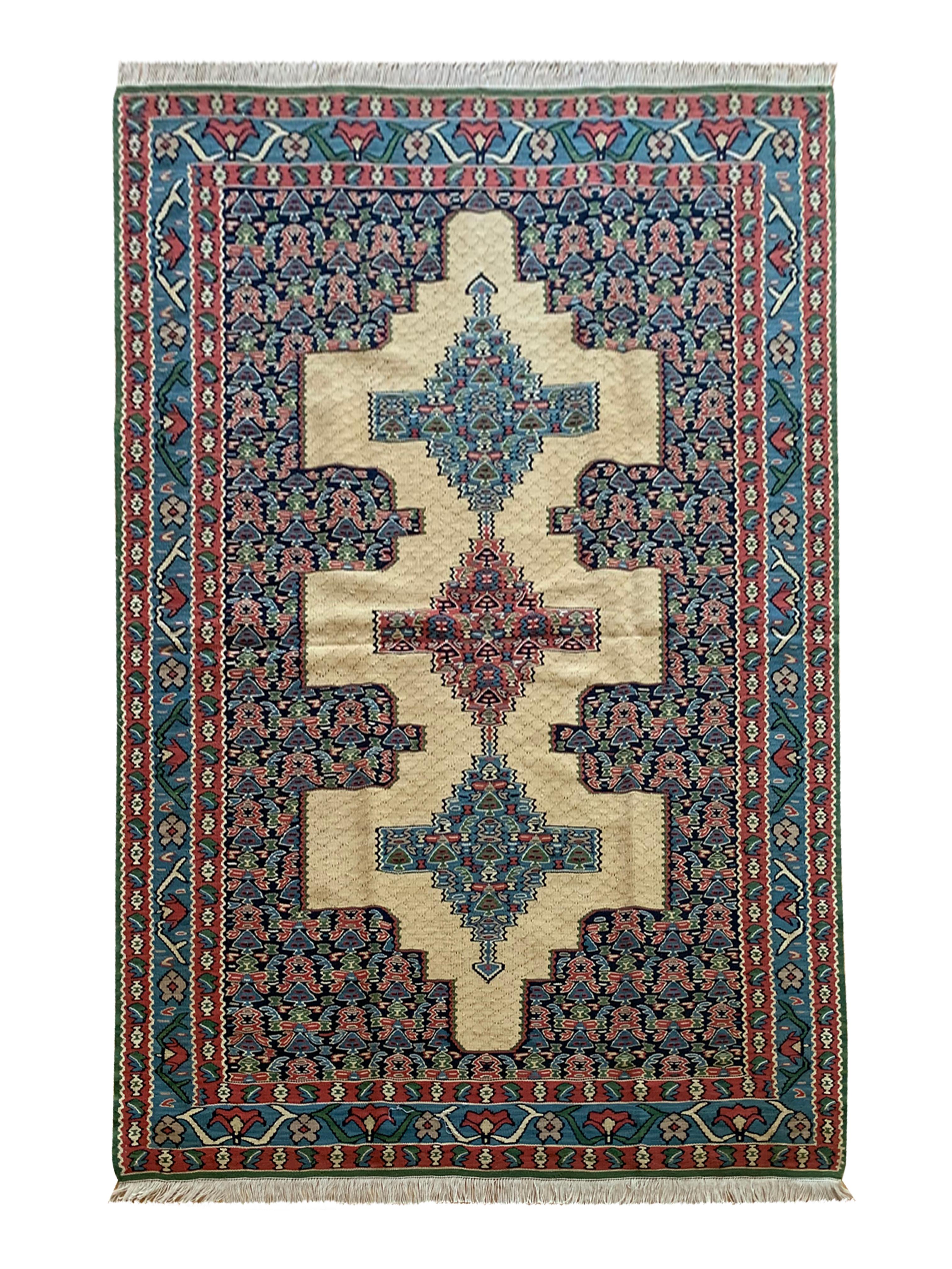 Oriental Rugs Flat-Woven Kilims Handmade Carpet Blue Beige Wool Kilim For Sale 7
