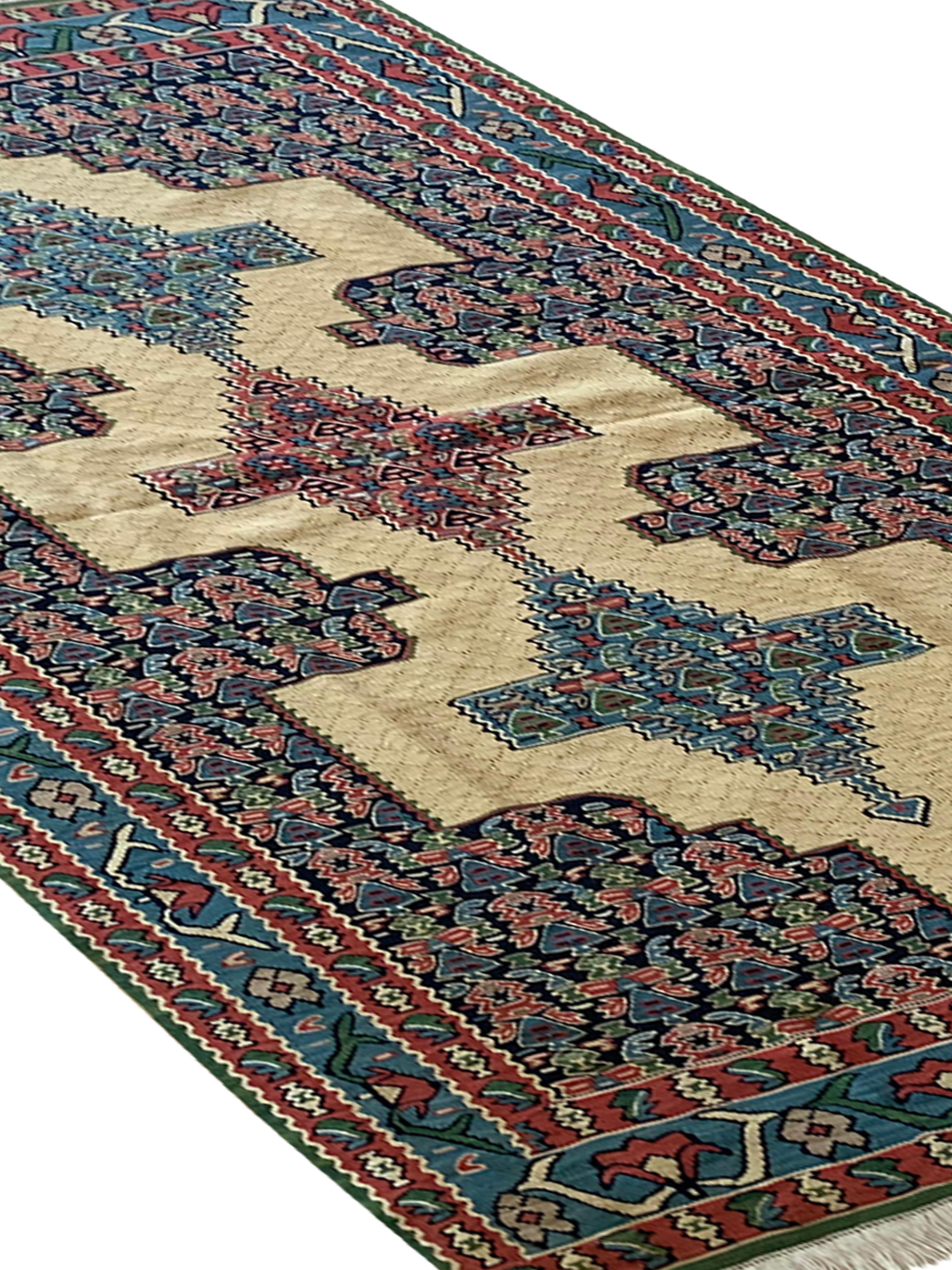 Orientteppiche Flachgewebe Kilims Handgefertigt Teppich Blau Beige Wolle Kilim im Angebot 9