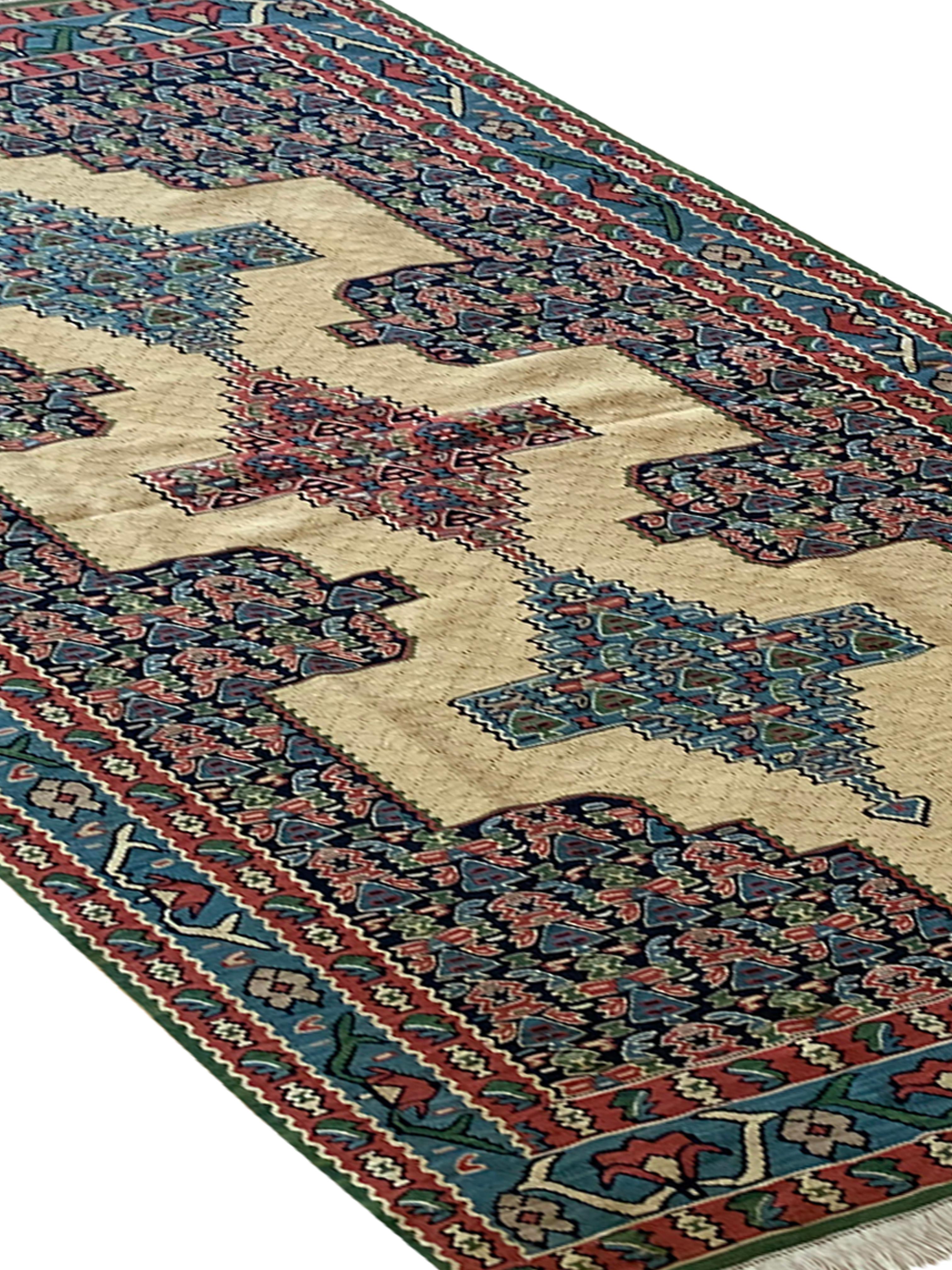 Oriental Rugs Flat-Woven Kilims Handmade Carpet Blue Beige Wool Kilim For Sale 9