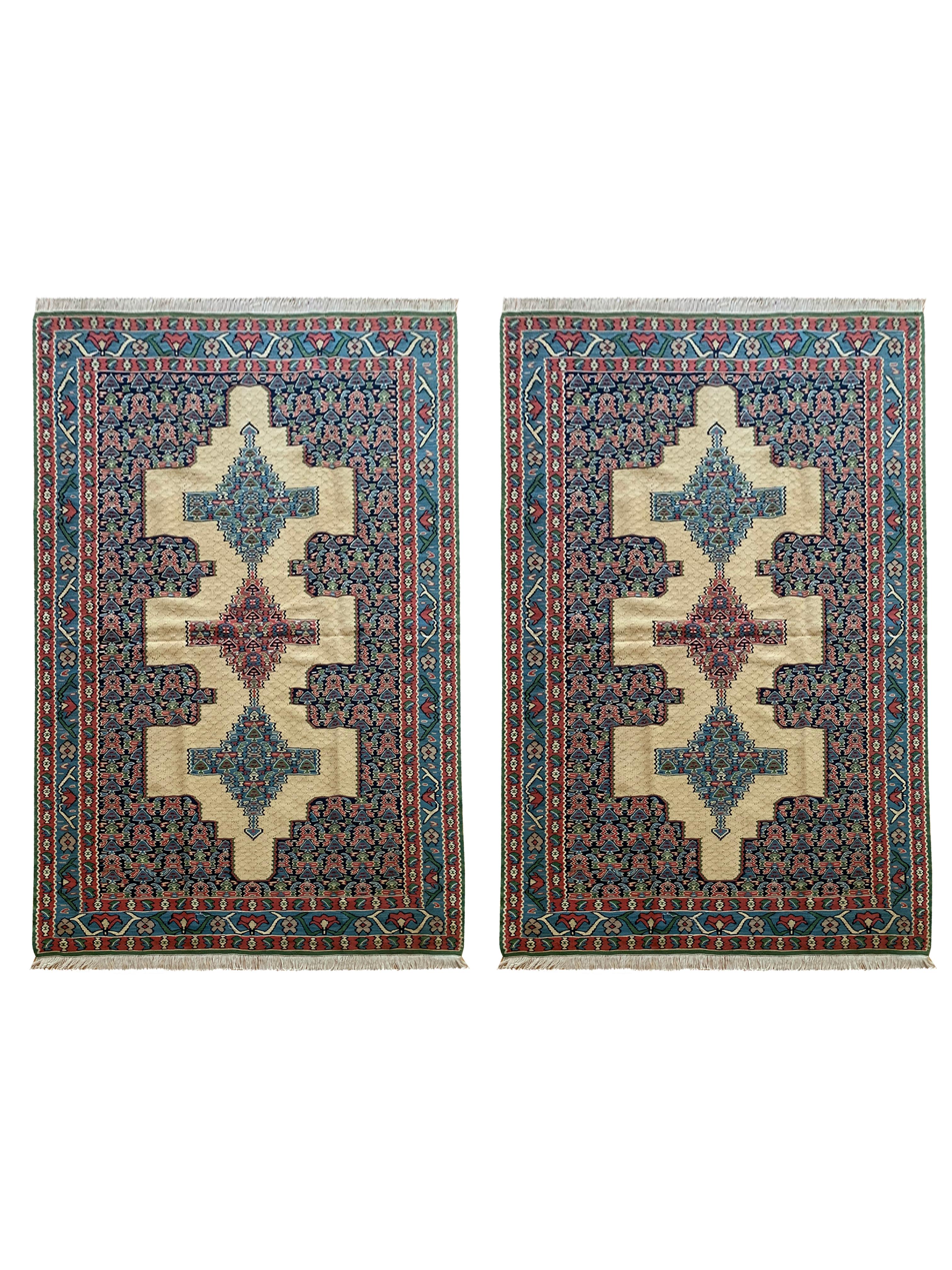 Orientteppiche Flachgewebe Kilims Handgefertigt Teppich Blau Beige Wolle Kilim im Angebot 11