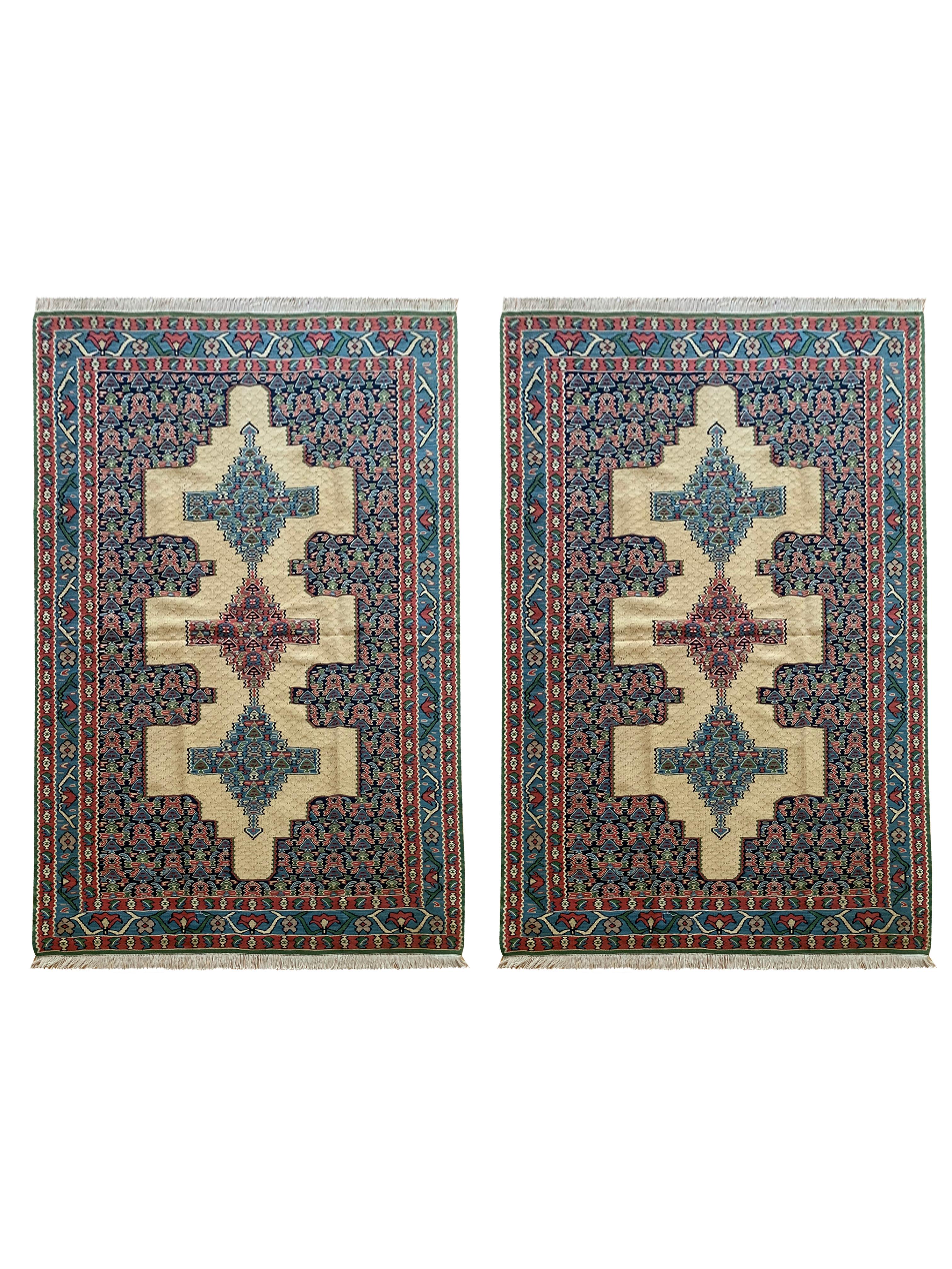 Oriental Rugs Flat-Woven Kilims Handmade Carpet Blue Beige Wool Kilim For Sale 11