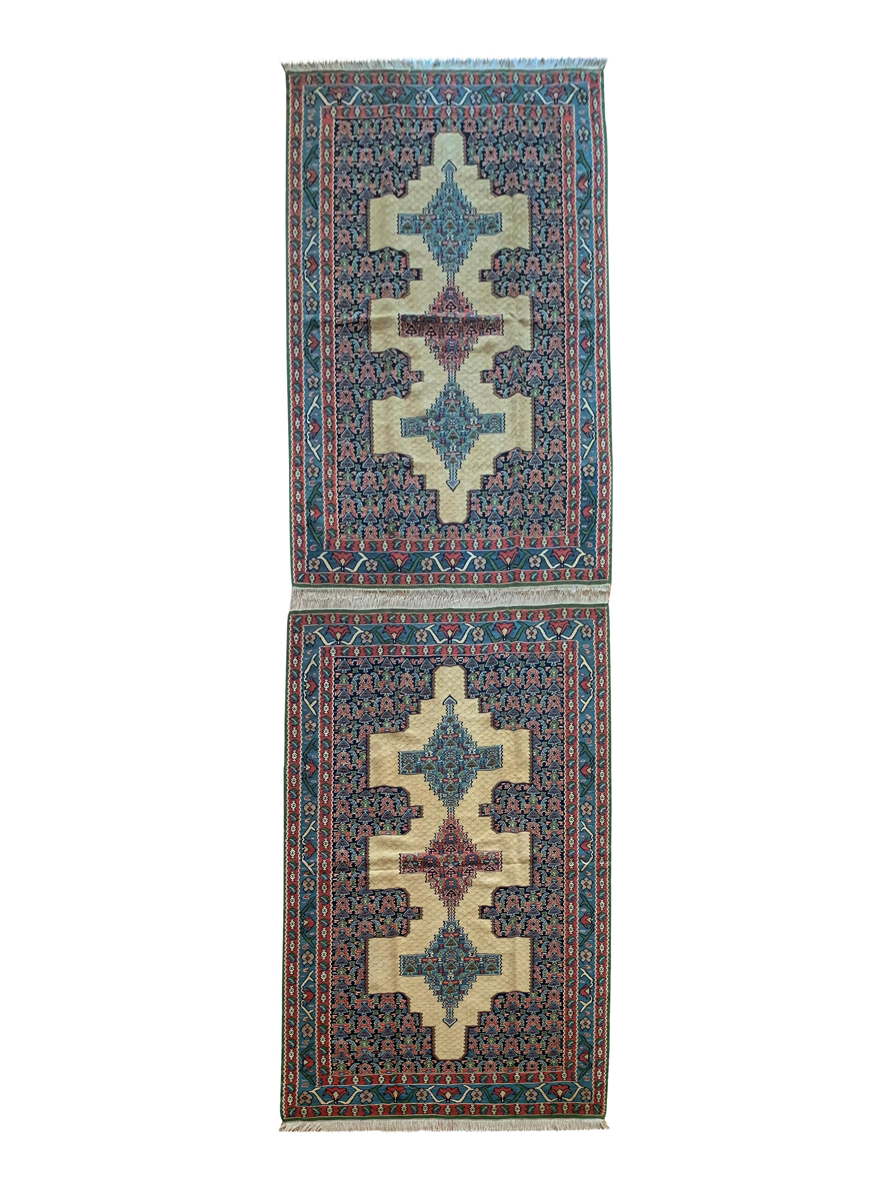 Orientteppiche Flachgewebe Kilims Handgefertigt Teppich Blau Beige Wolle Kilim im Angebot 13