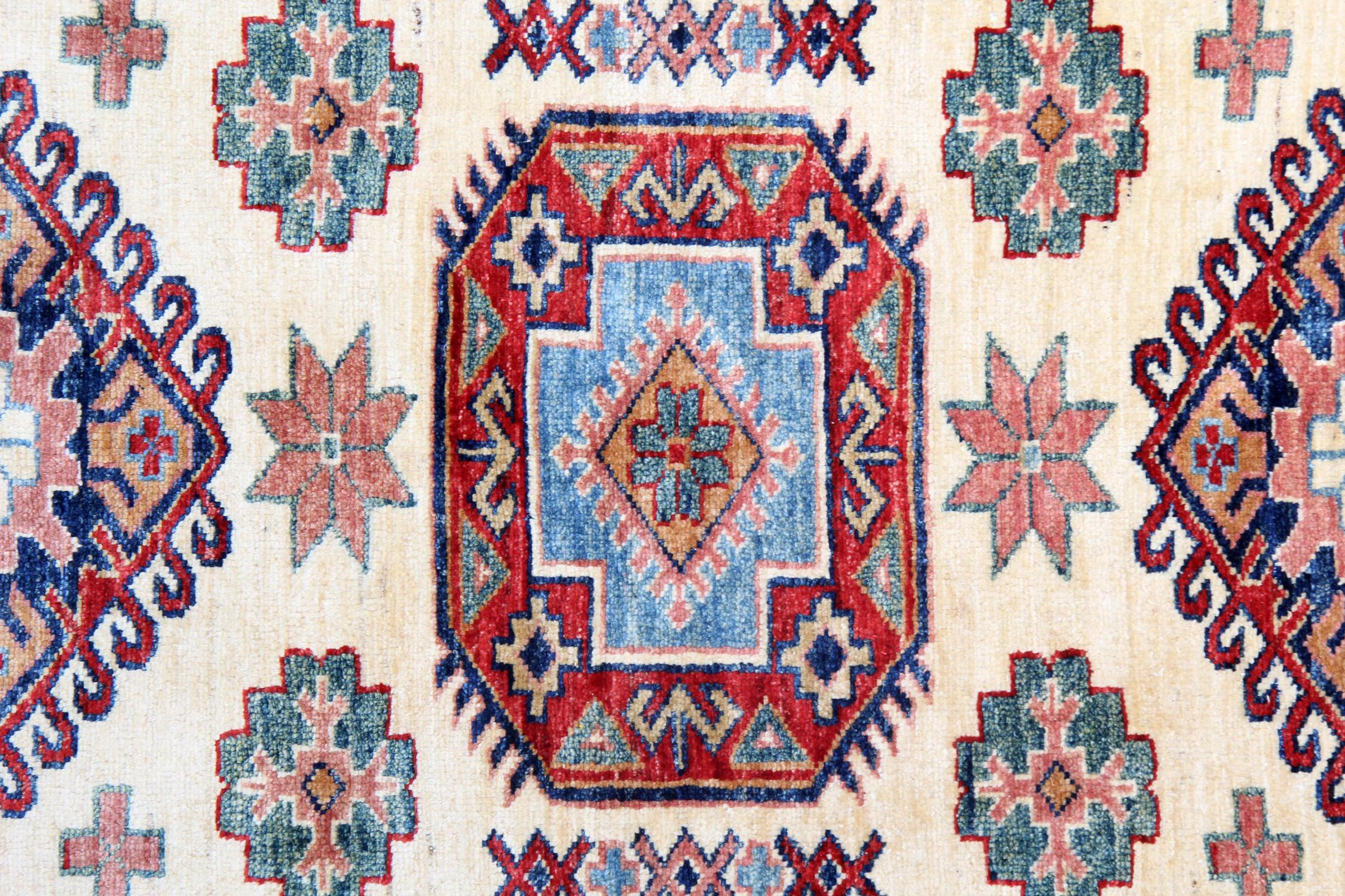 Kazak Cream Oriental Rugs, Geometric Handmade Carpet Ivory Rugs for Sale For Sale
