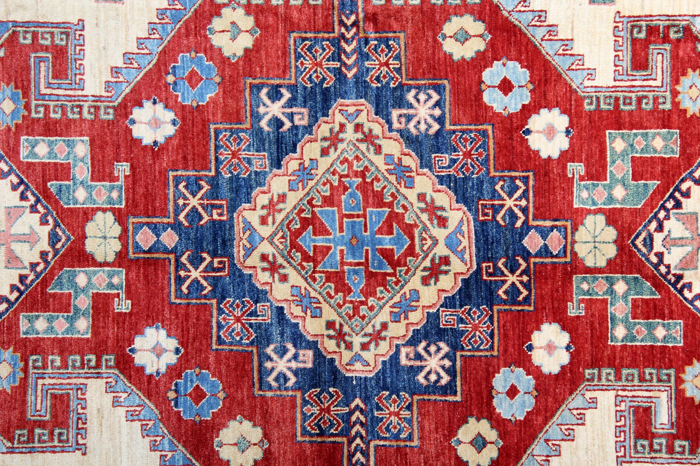 Kazak Oriental Rugs, Handmade Carpet Cream Geometric Rugs for Sale For Sale