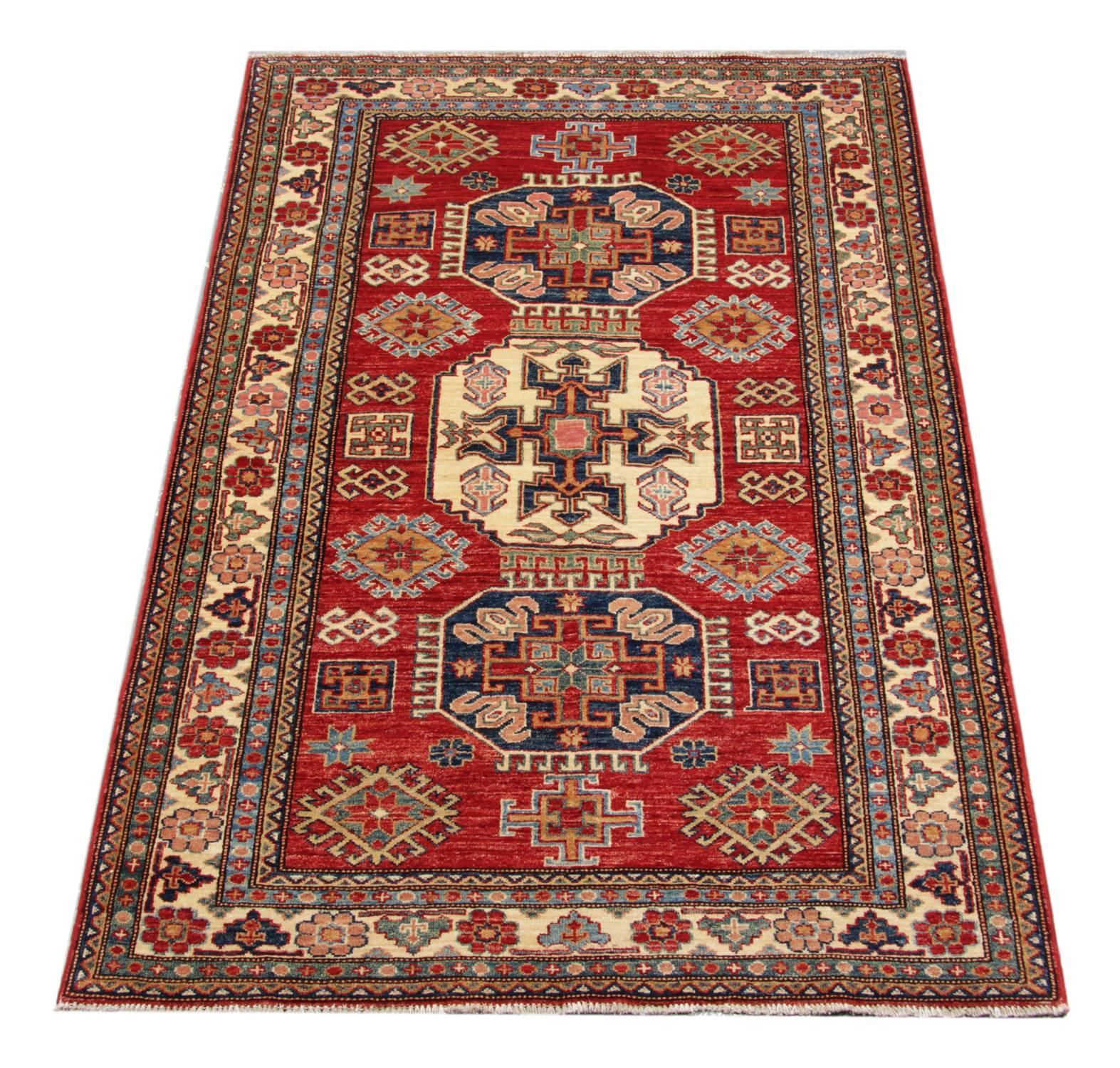 Kazak Oriental Rugs, Handmade Carpet Red Geometric Rugs for Livingroom Rug For Sale