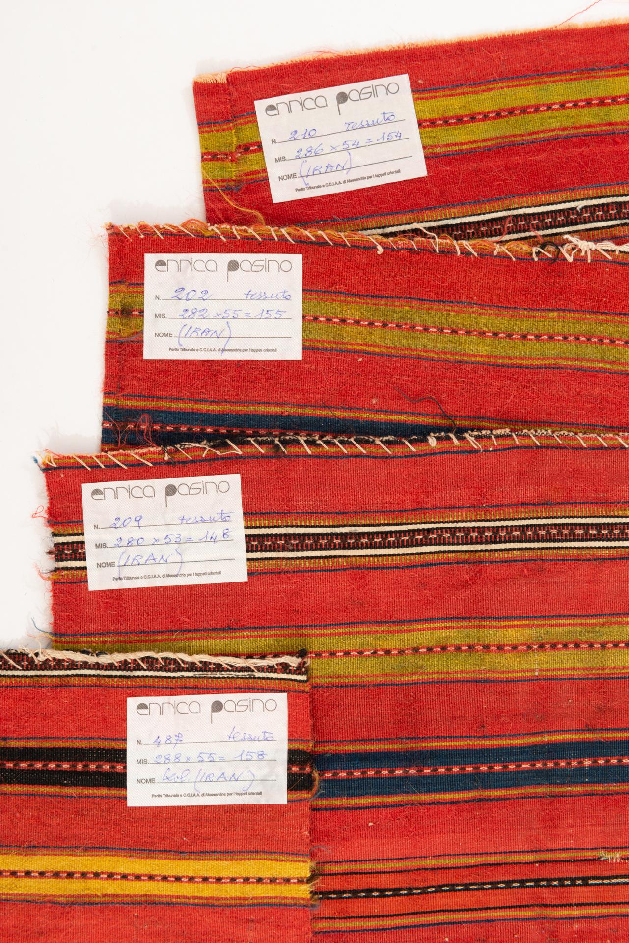 nr. 202- 209- 210 - 487.   Set of four oriental kilim strips with beautiful colors: yellow, blue, green, black and red.
They can be joined together and obtain a kilim cm. 280 x 215 about: on request I CAN DO.
Or used as covering for benches and
