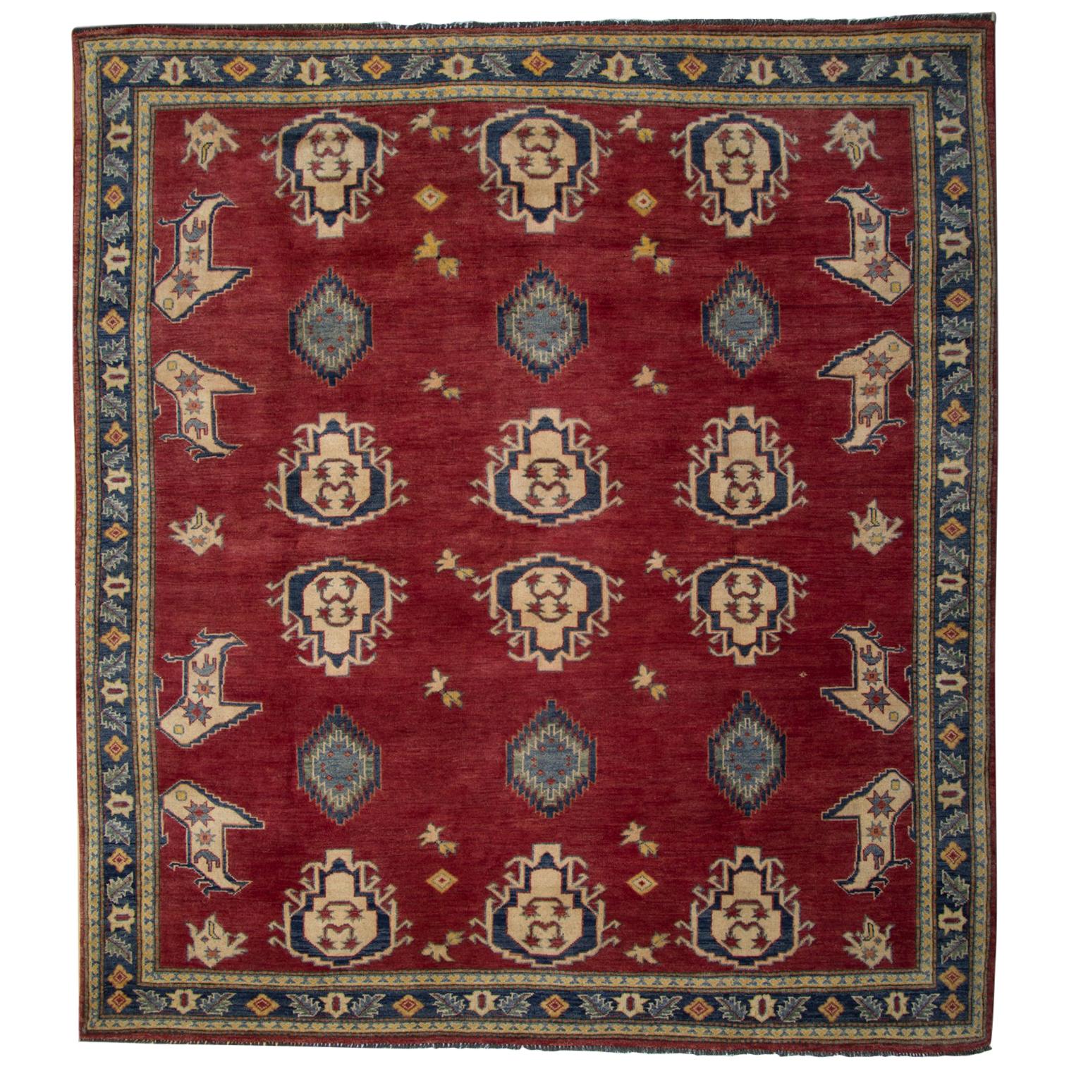 Oriental Rugs, Red Square Rugs, Geometric Wool Hand Made Carpet for
