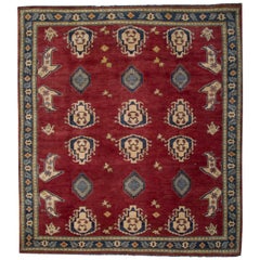 Oriental Rugs, Red Square Rugs, Geometric Wool Handmade Carpet for Sale