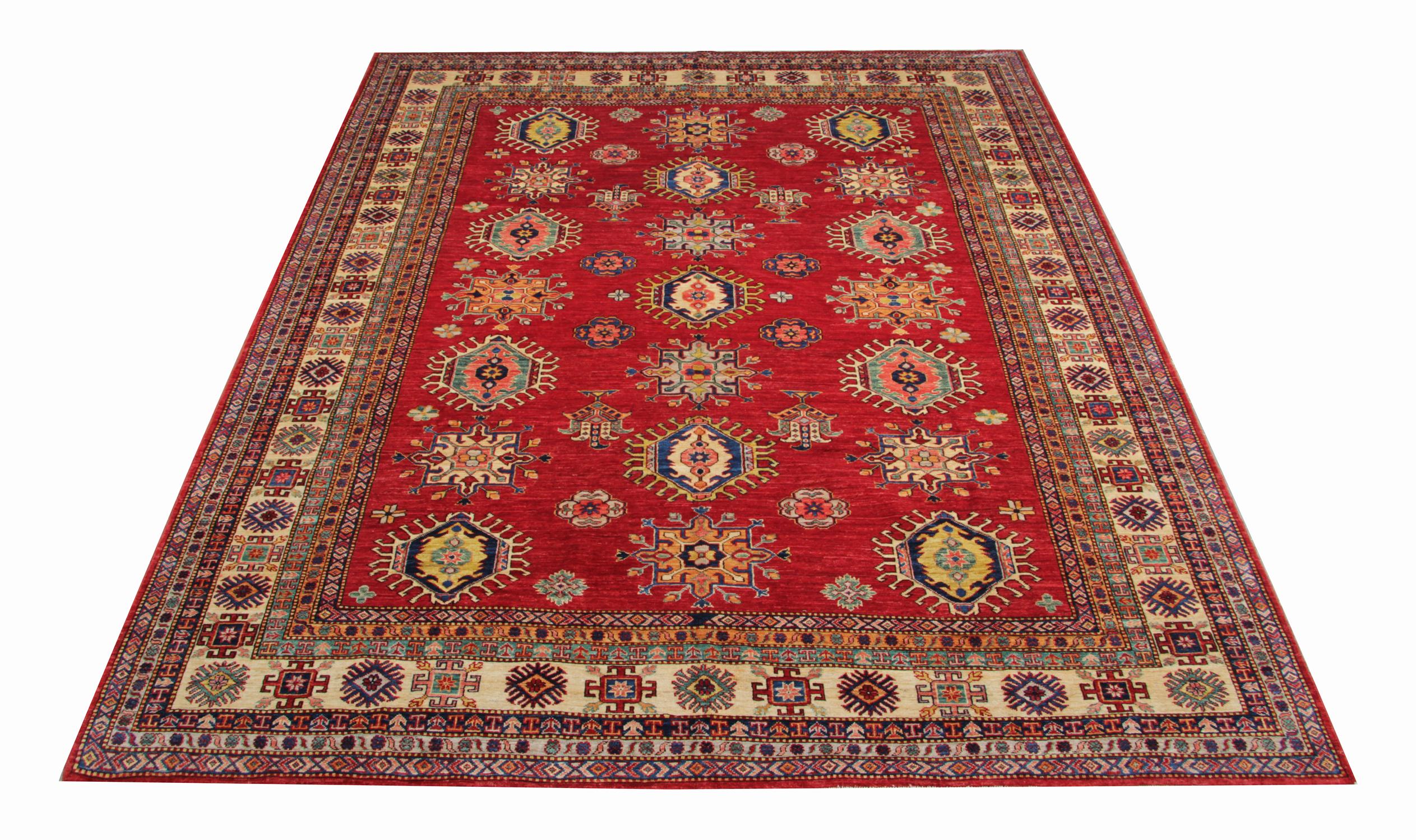 These rustic new traditional handmade rugs feature designs from the Kazak region. A conventional tribal rug is famous in the part of Kazak Area. Afghan weavers have made this handwoven rug of top-quality wool and cotton. This primitive carpet rug