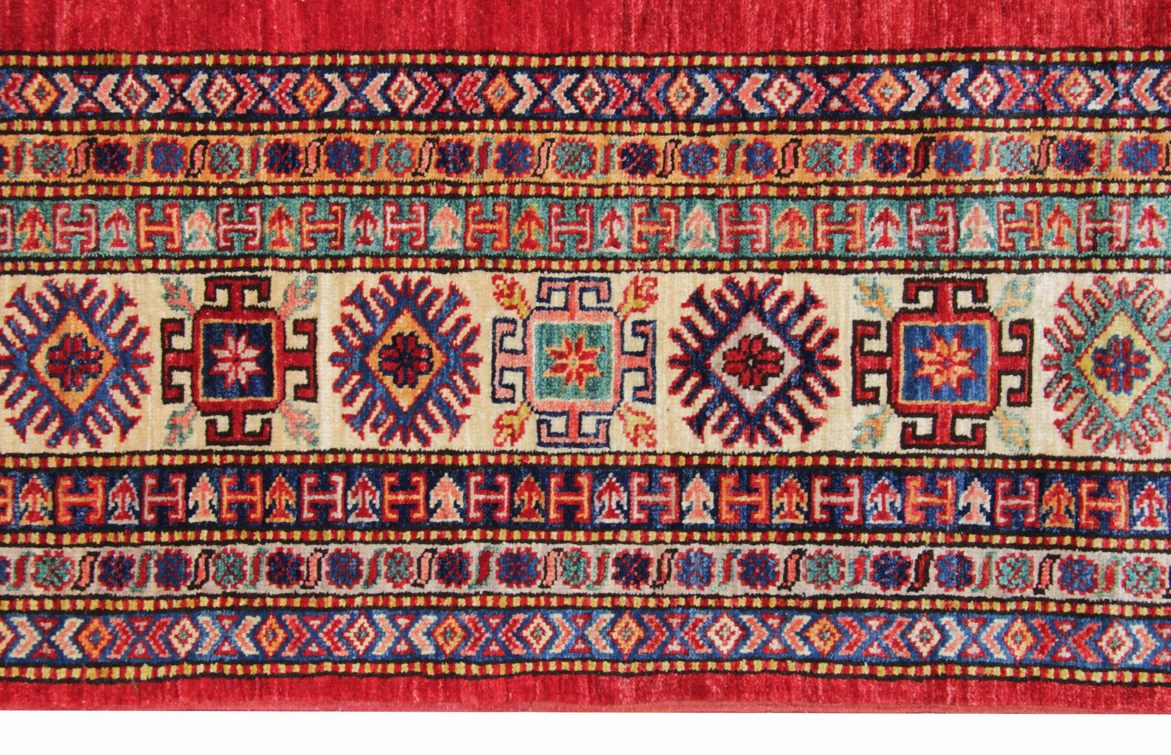 Kazak Oriental Rugs, Rustic Primitive Handmade Carpet Red Geometric Rugs 252 x 301 cm For Sale
