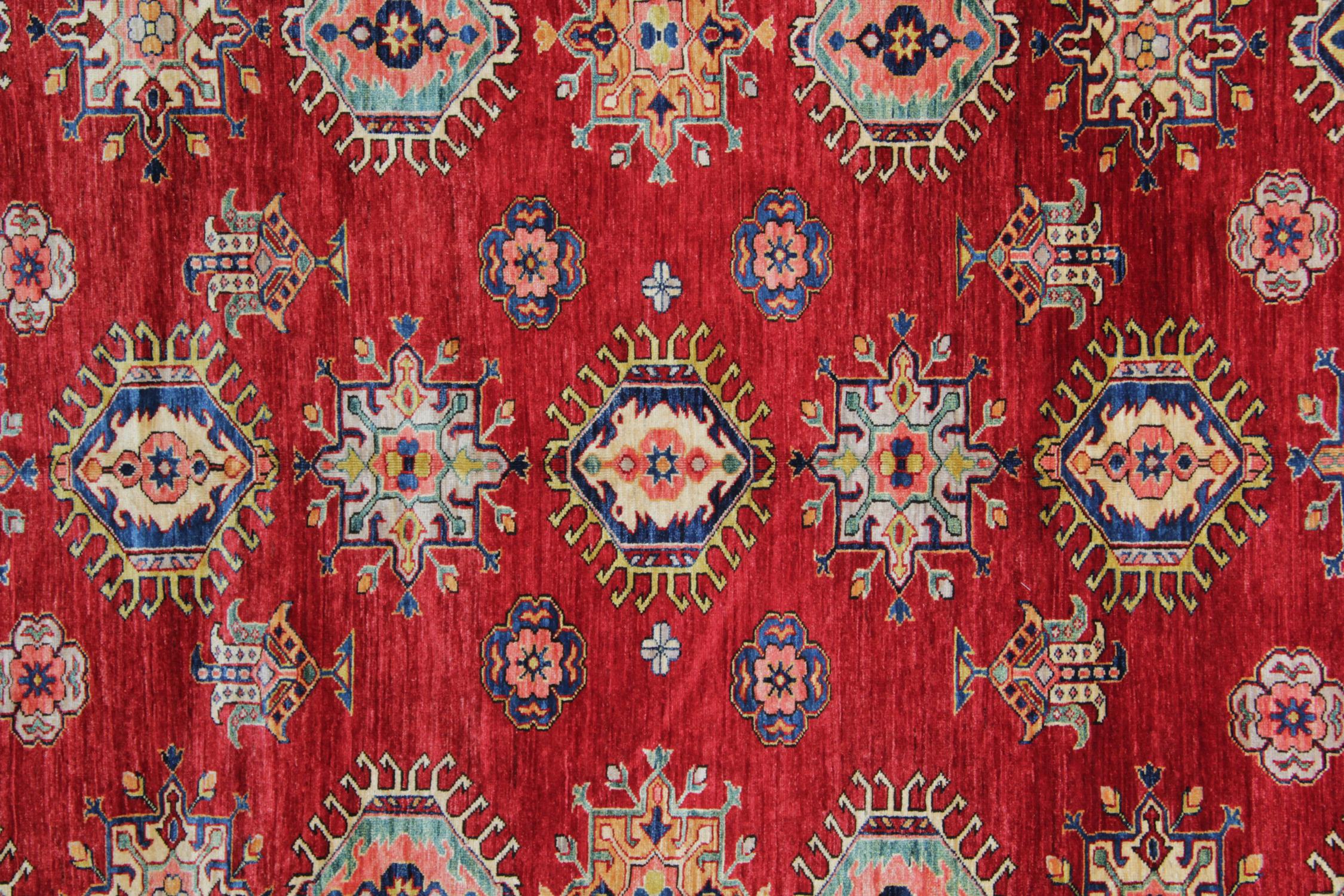 Orientalische Teppiche, rustikale, primitive, handgefertigte Teppiche, rot, geometrisch 252 x 301 cm (Afghanisch) im Angebot