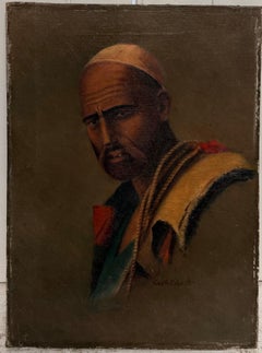 North African Man in Traditional Dress Orientalist Portrait Antique Oil Painting