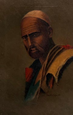 North African Man in Traditional Dress Orientalist Portrait Antique Oil Painting