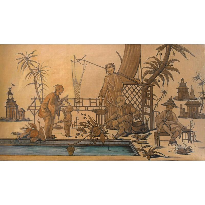 Oriental School Late 18th Century Chinoiserie Huge Oil Figures Fishing Pond
