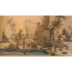 Vintage Oriental School Late 18th Century Chinoiserie Huge Oil Figures Fishing Pond