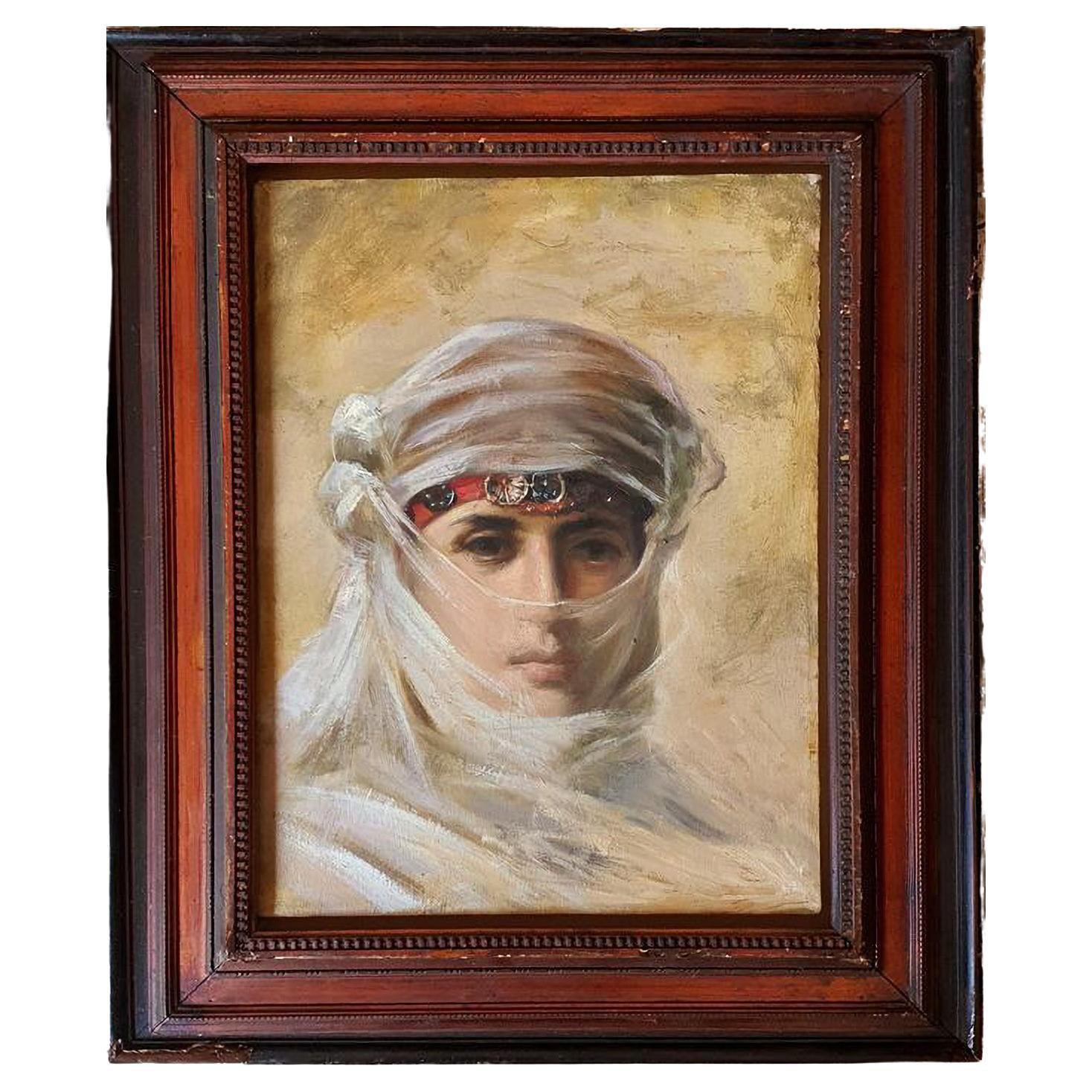 Oriental Scool Portrait of a Young Arab Princess. Oil painting on canvas late 1930s. Intense portrait of a mysterious young Princess of the desert.