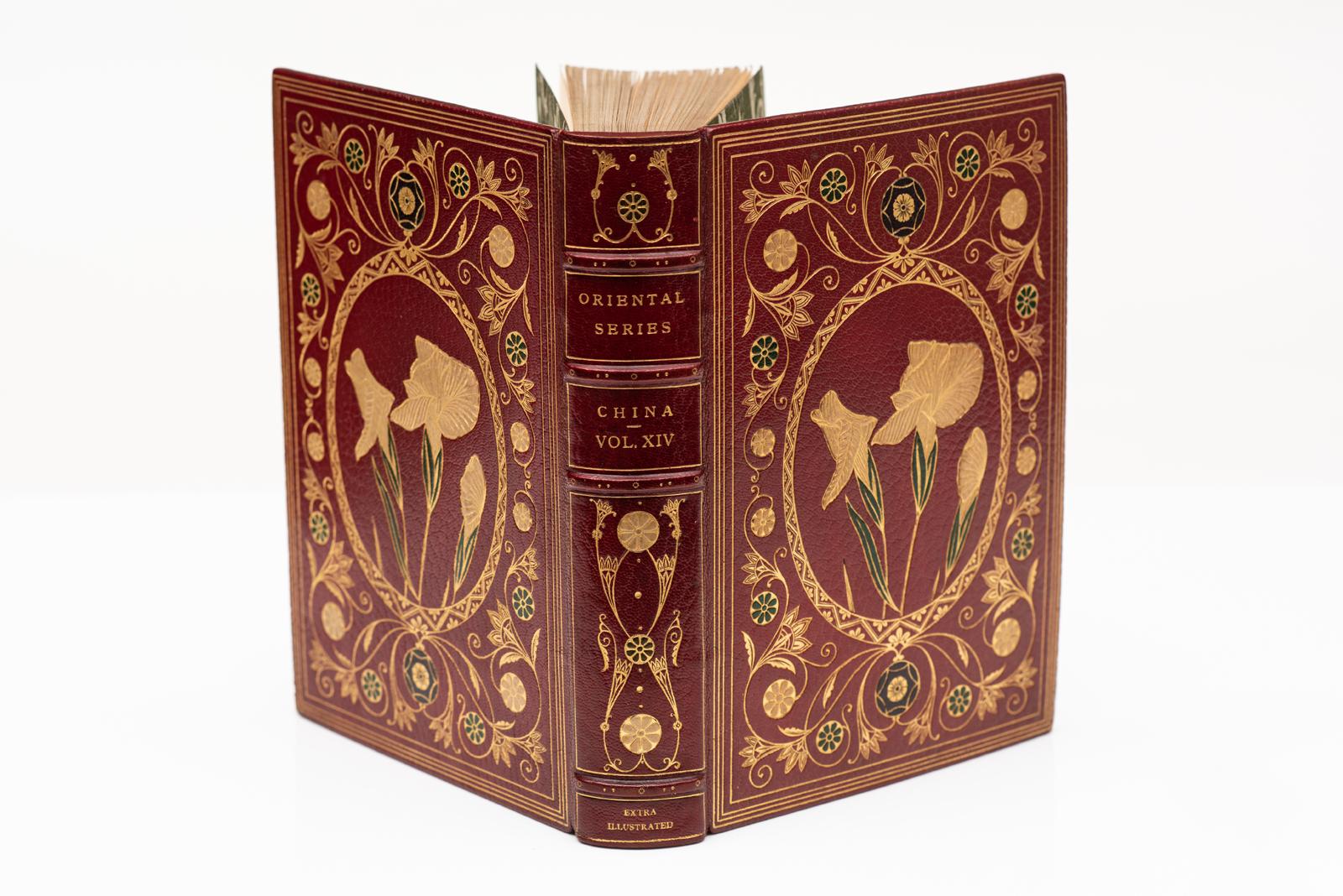 15 Volumes. Captain Frank Brinkley.Oriental Series: China and Japan. Special unique and Extra illustrated copy decorated. Exquisitely bound in full red morocco, swirling gilt foliage borders incorporating stylized flowers of onlaid white green and