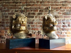 Oriental Side Lights Lamps Dragon Mask Asian Pair Gilt Metal Large