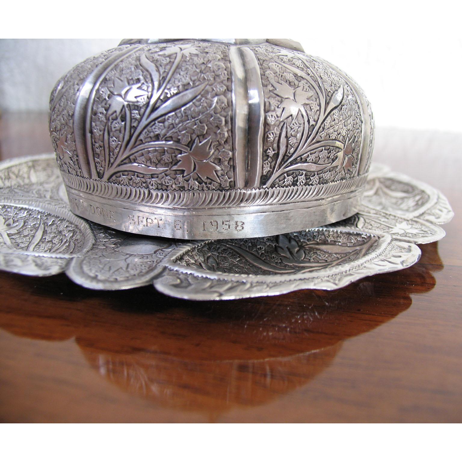 Oriental Silver Round Plate with Cover in Repoussé Technique For Sale 4