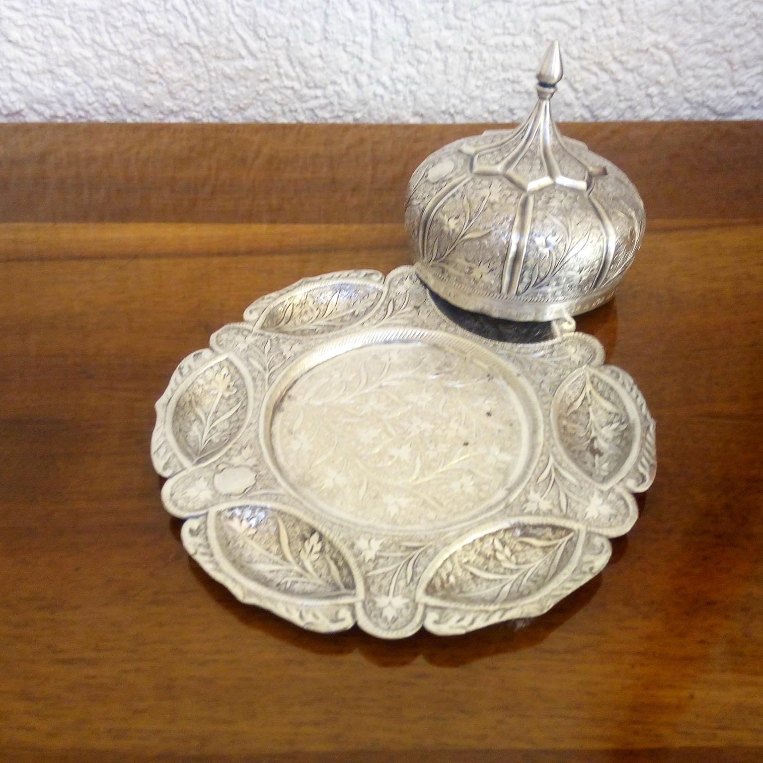 Pakistani Oriental Silver Round Plate with Cover in Repoussé Technique For Sale