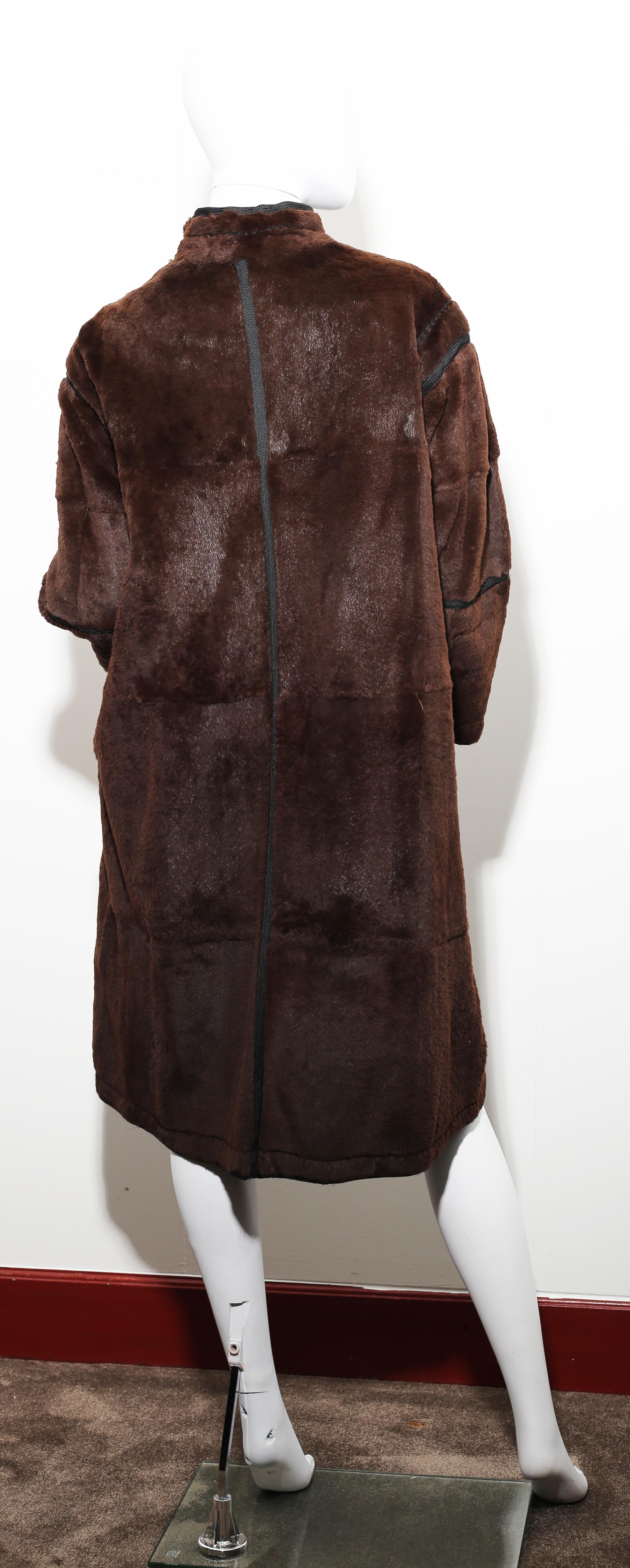 Women's Armani Oriental Style Brown  Leather Coat with blac silk trimmings For Sale