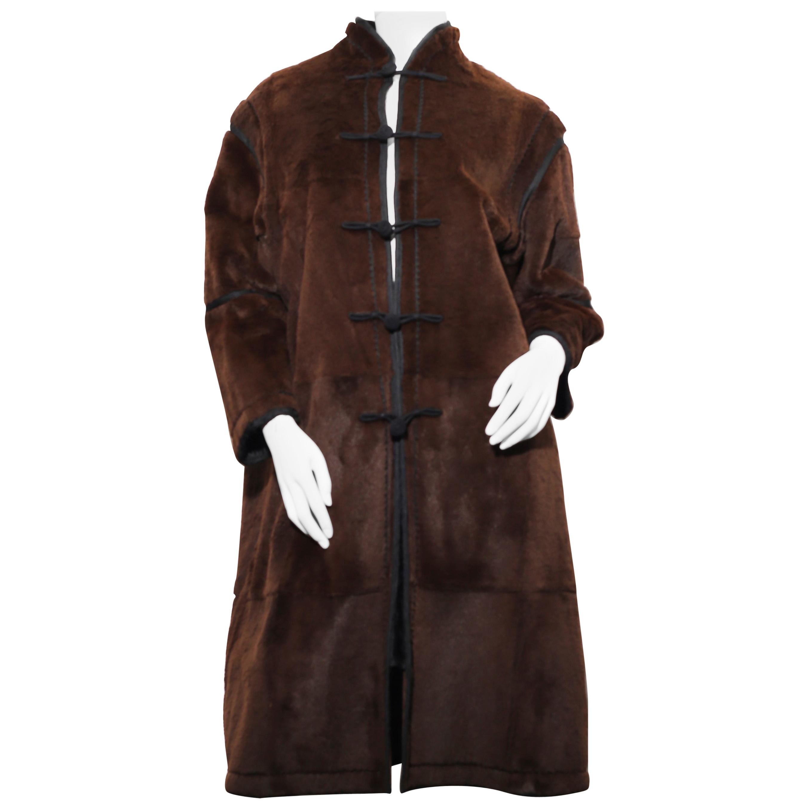 Armani Oriental Style Brown  Leather Coat with blac silk trimmings For Sale