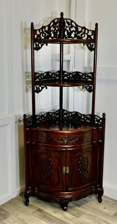 Oriental Style Carved Corner Etagere with Cupboard and Drawer