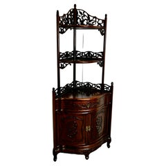 Oriental Style Carved Corner Etagere with Cupboard and Drawer