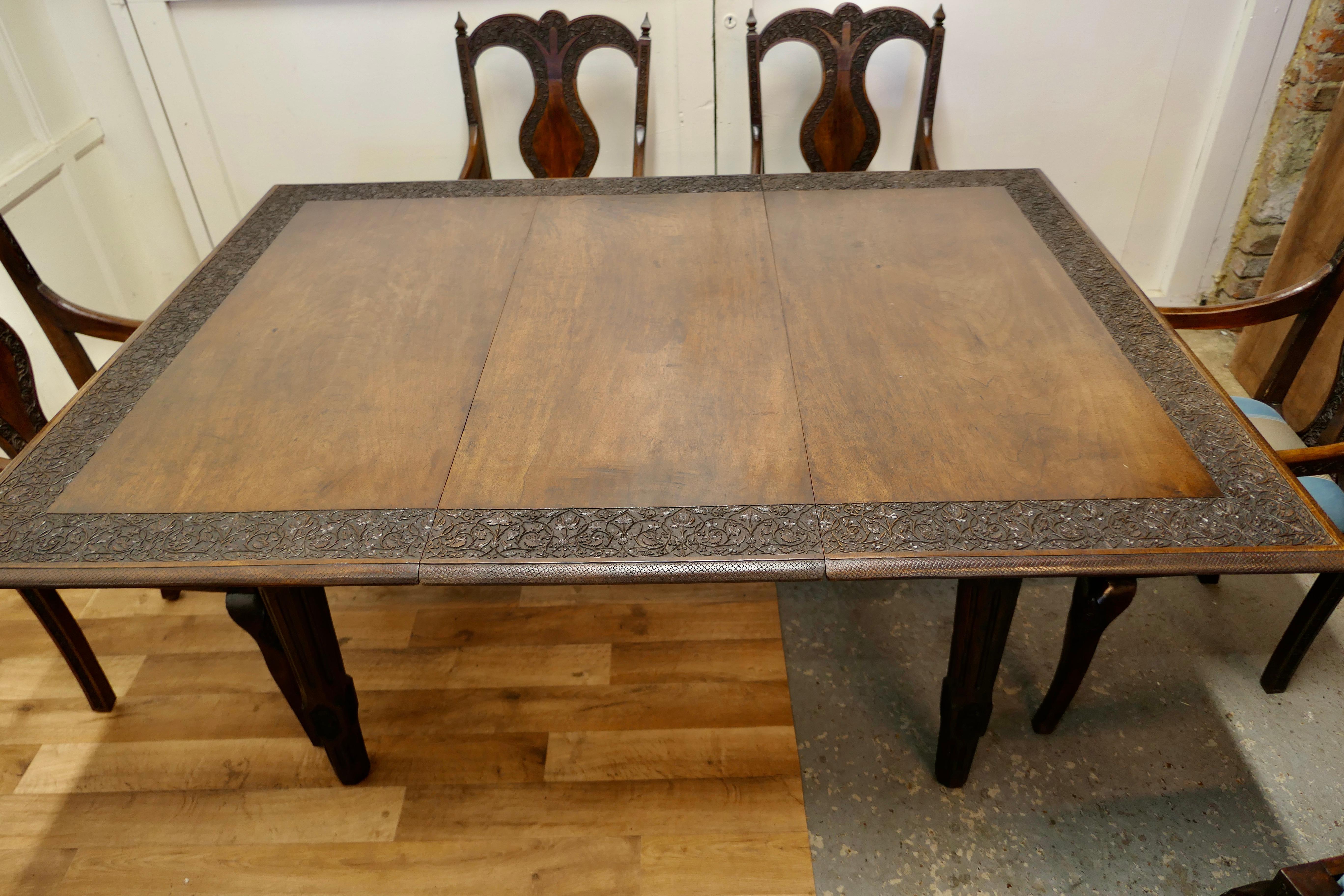 Walnut Oriental Style Carved Dining Table and 6 Chairs   For Sale