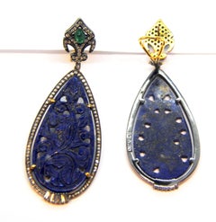 Oriental Style Carved Lapislazuli, Diamond and Emerald 18kt Gold Silver Earrings