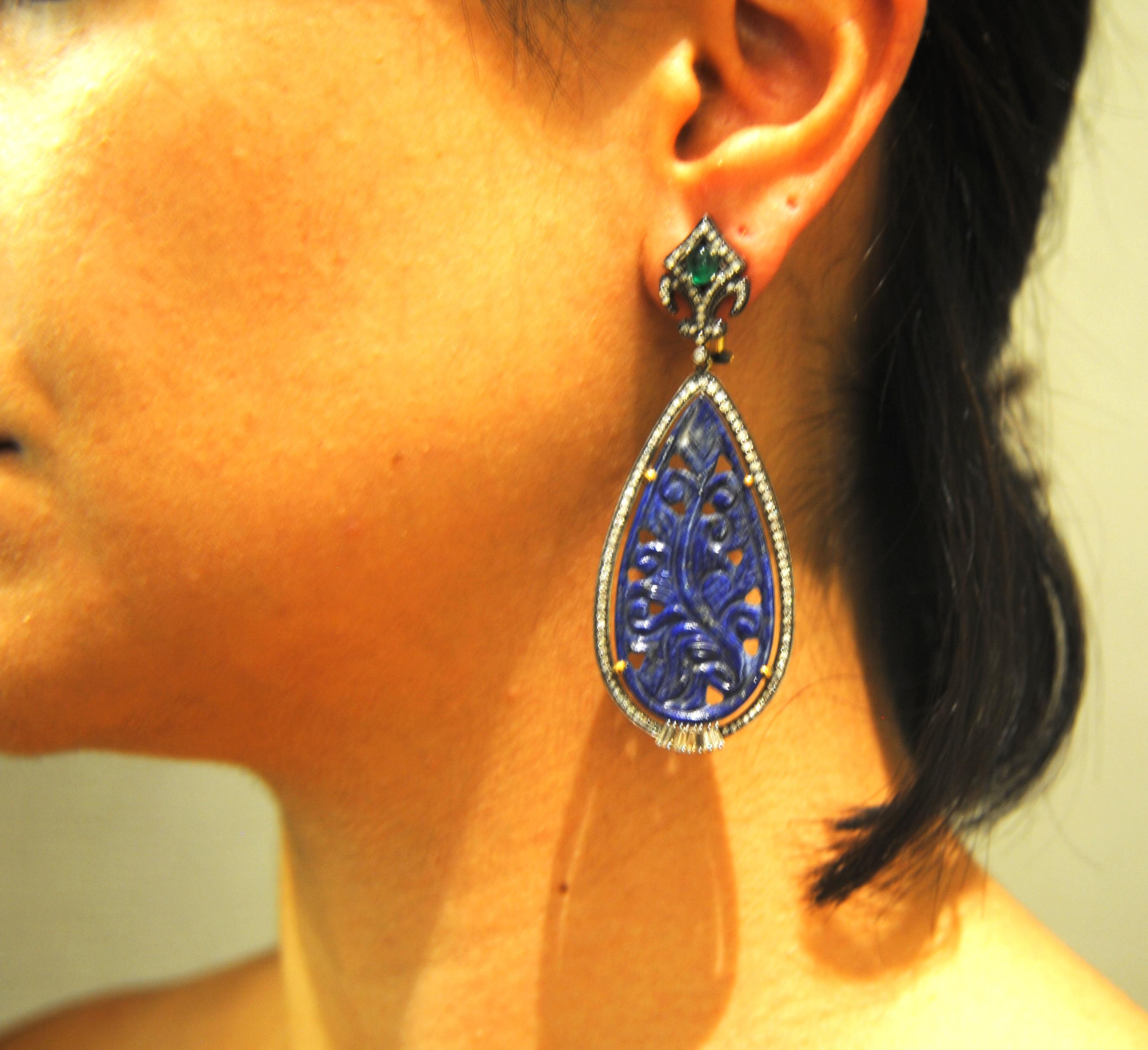 Anglo-Indian Oriental Style Carved Lapislazuli, Diamond and Emerald 18kt Gold Silver Earrings For Sale