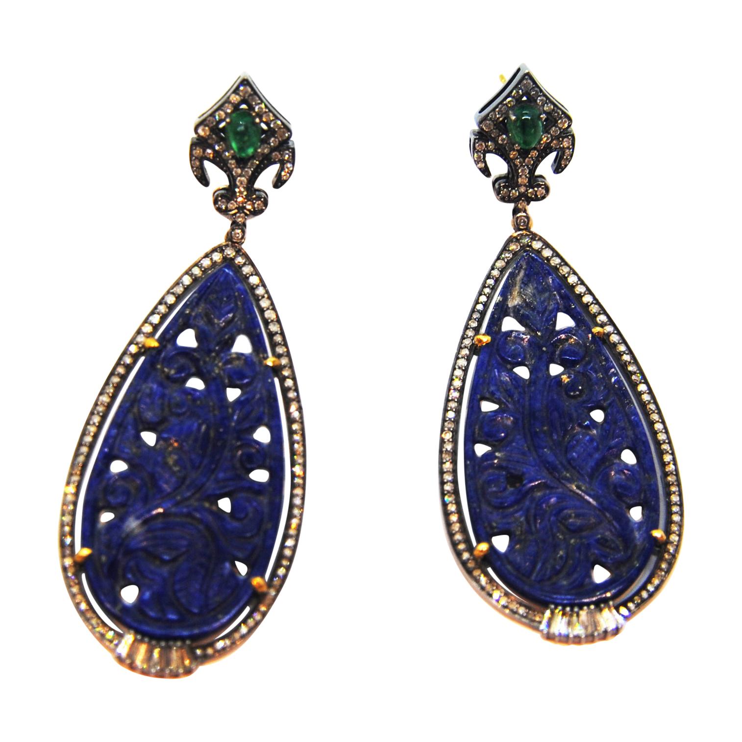 Oriental Style Carved Lapislazuli, Diamond and Emerald 18kt Gold Silver Earrings For Sale