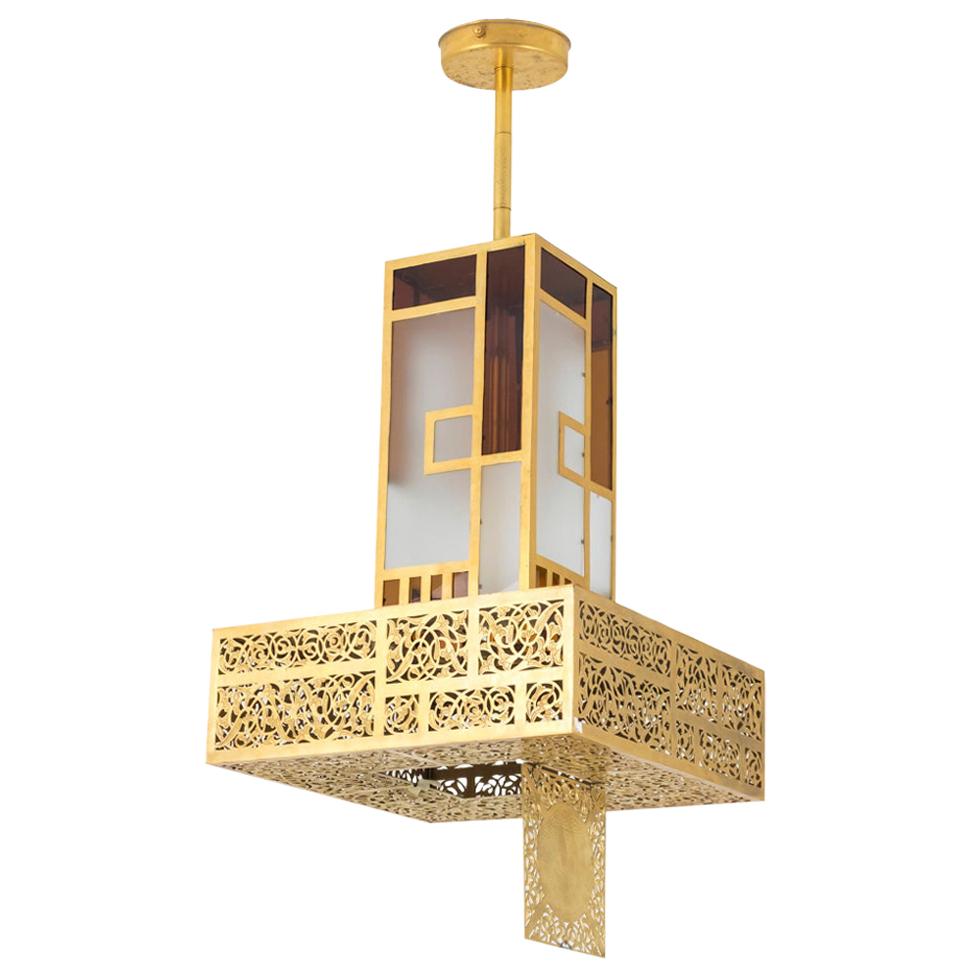 Oriental Style Chandelier Colored Glass and Gilt Metal, 1960s For Sale