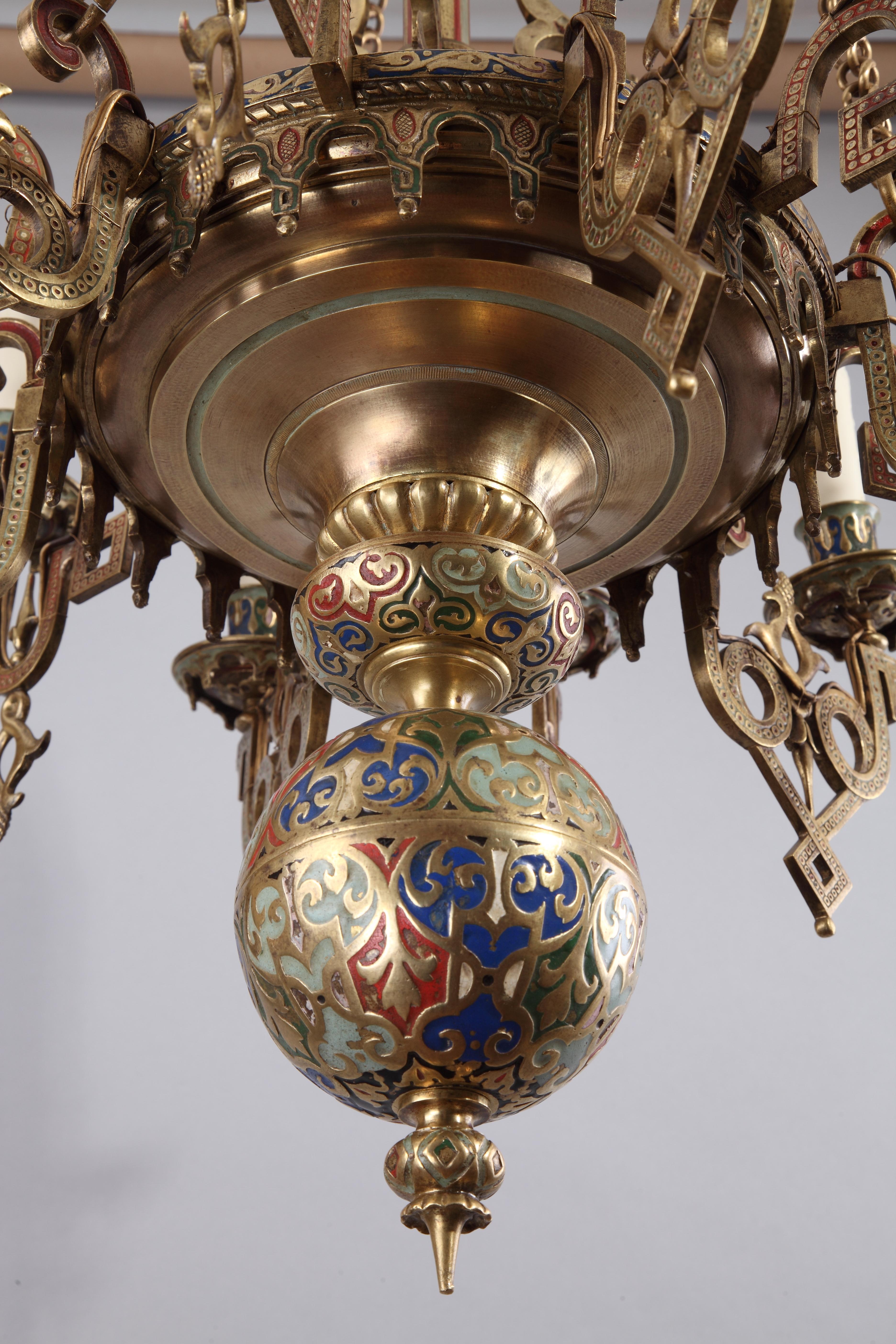 Oriental Style Polychrome Bronze Chandelier, France, circa 1870 In Good Condition For Sale In PARIS, FR