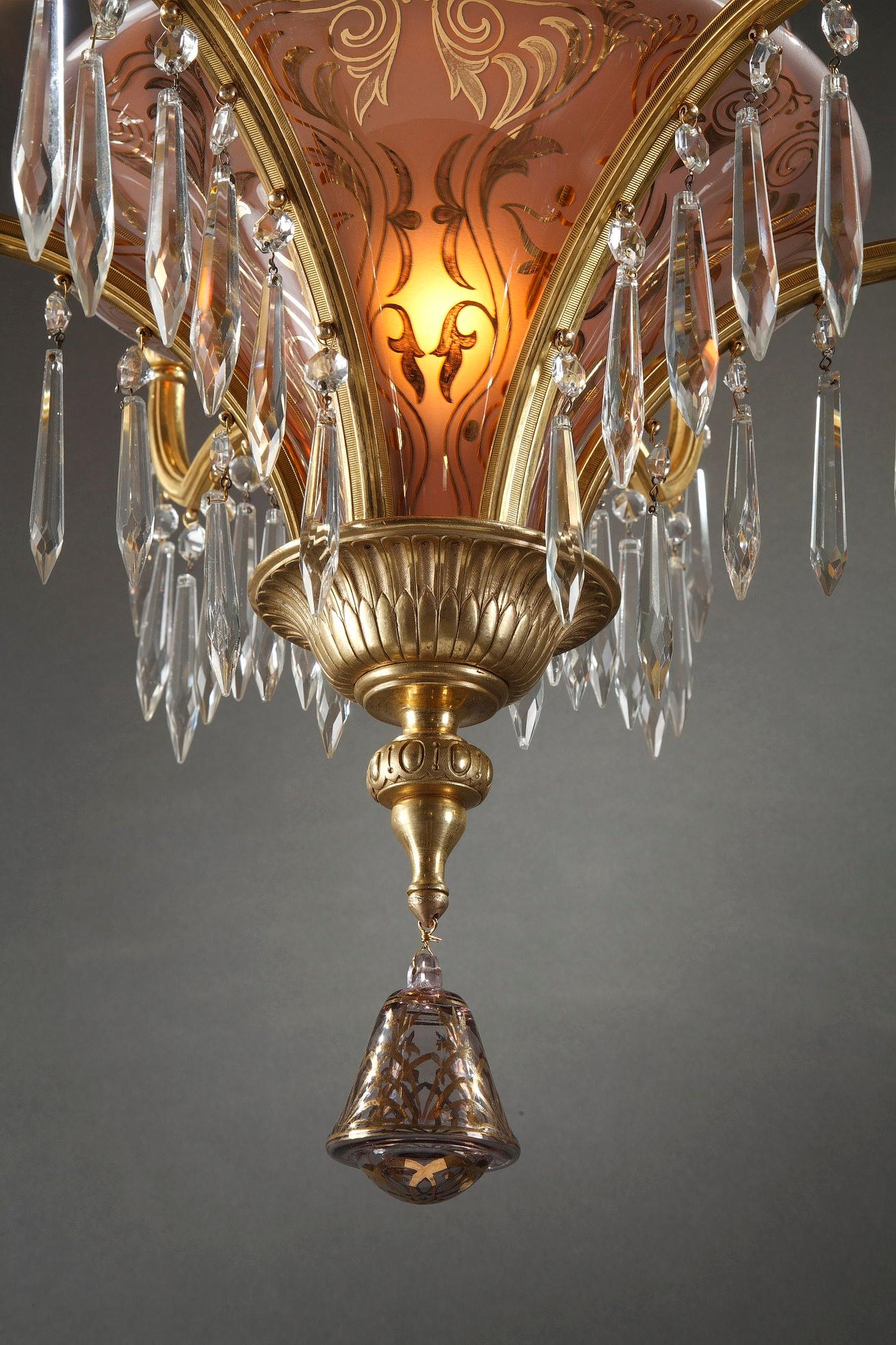 Early 20th Century Oriental Style Crystal and Gilded Bronze Chandelier, France, circa 1900 For Sale