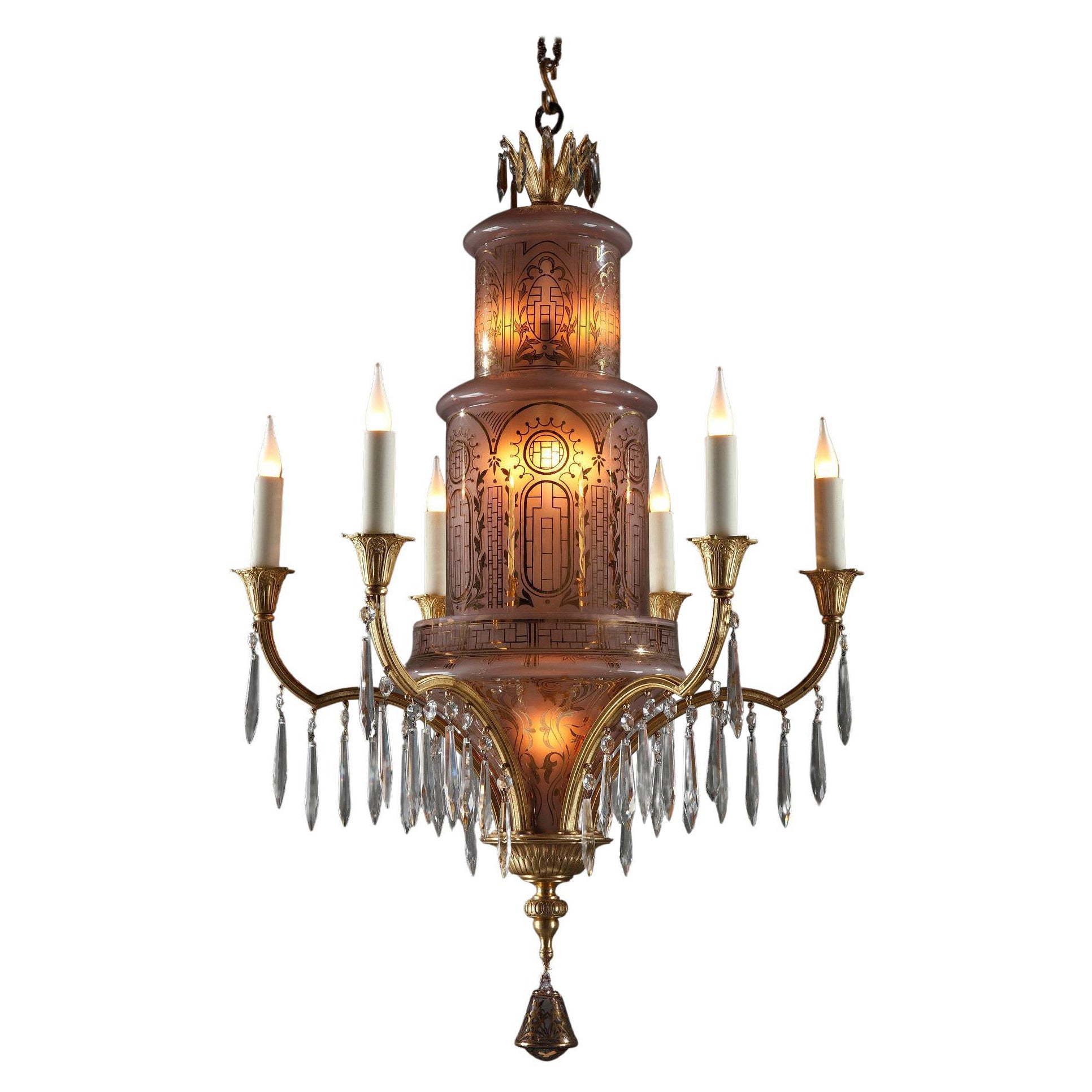 Lampadario in cristallo e bronzo dorato in stile orientale, Francia, circa 1900