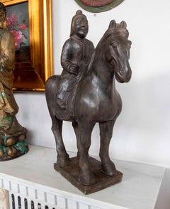 Oriental Style Equestrian Sculpture in Carved Stone with Rider