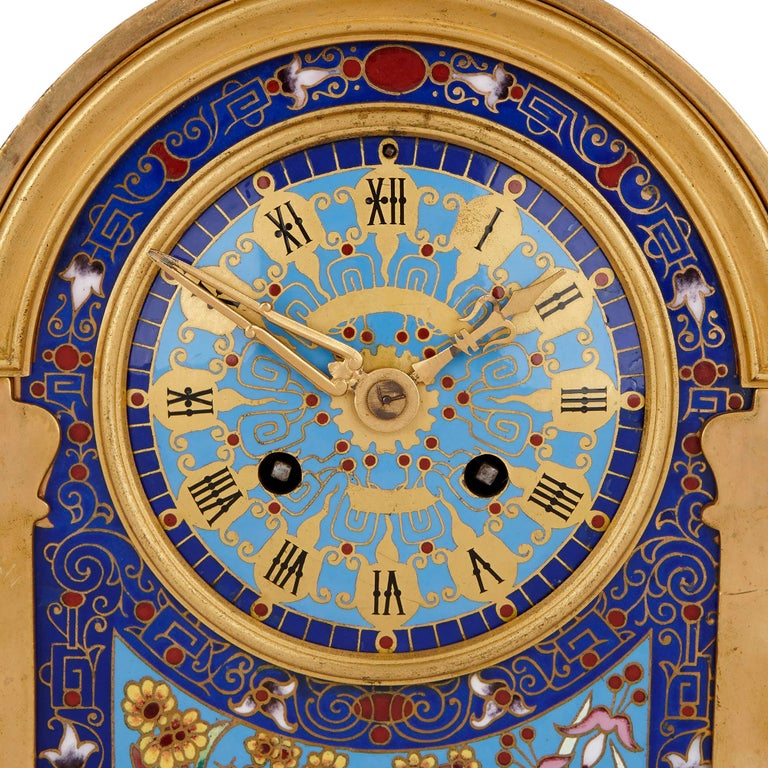 Chinoiserie Oriental Style Gilt Bronze and Champlevé Enamel Clock Set For Sale
