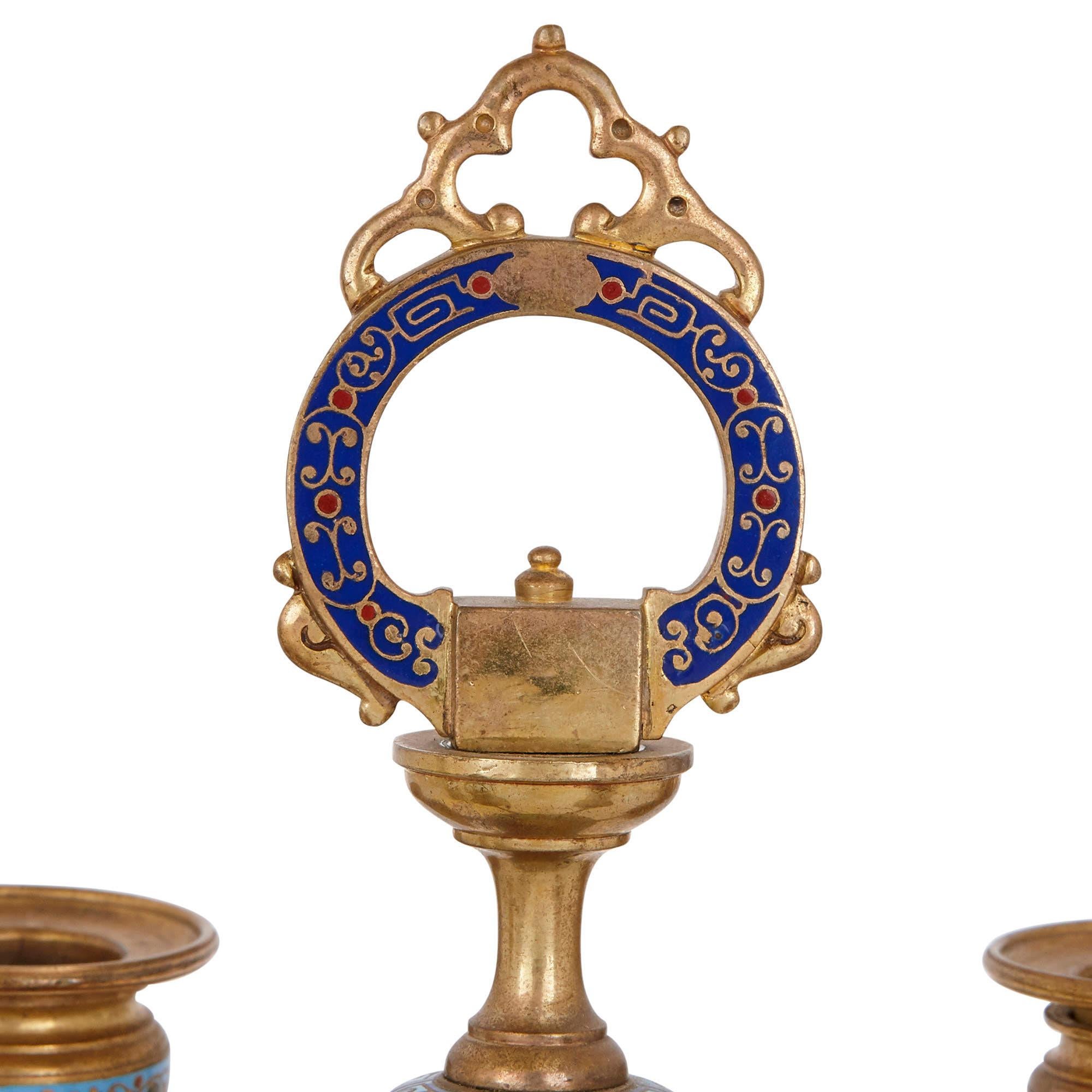 Ormolu Oriental Style Gilt Bronze and Champlevé Enamel Clock Set For Sale