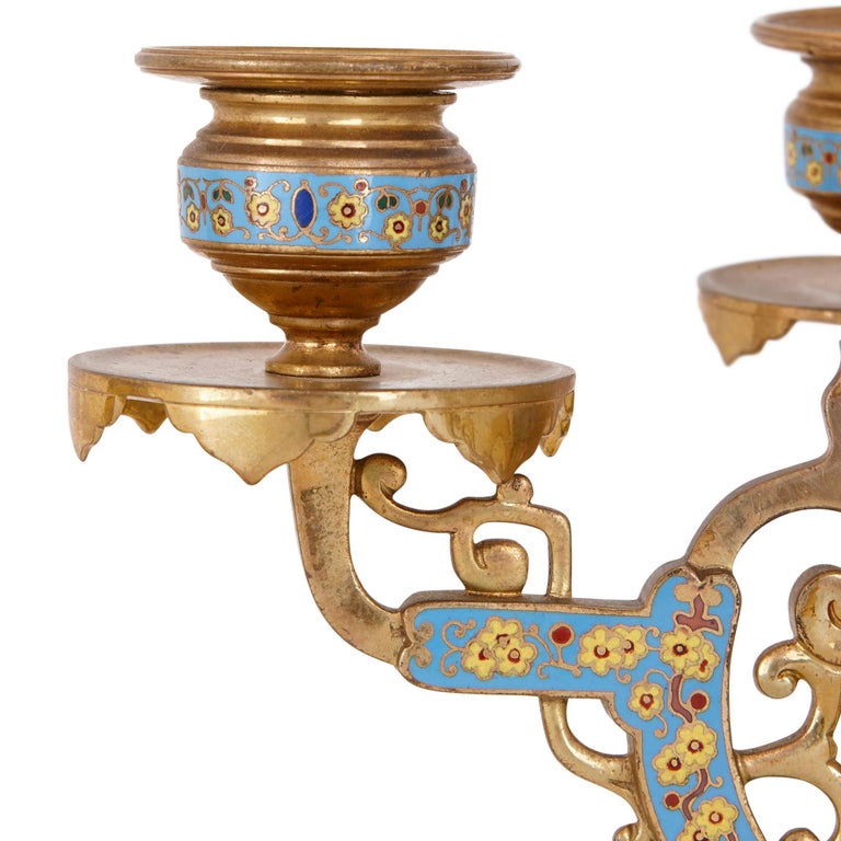 Oriental Style Gilt Bronze and Champlevé Enamel Clock Set For Sale 1