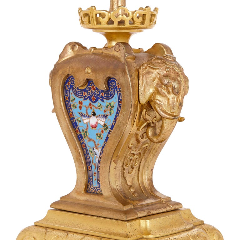 Oriental Style Gilt Bronze and Champlevé Enamel Clock Set For Sale 2
