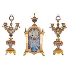 Oriental Style Gilt Bronze and Champlevé Enamel Clock Set