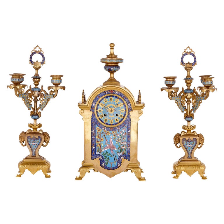 Oriental Style Gilt Bronze and Champlevé Enamel Clock Set For Sale