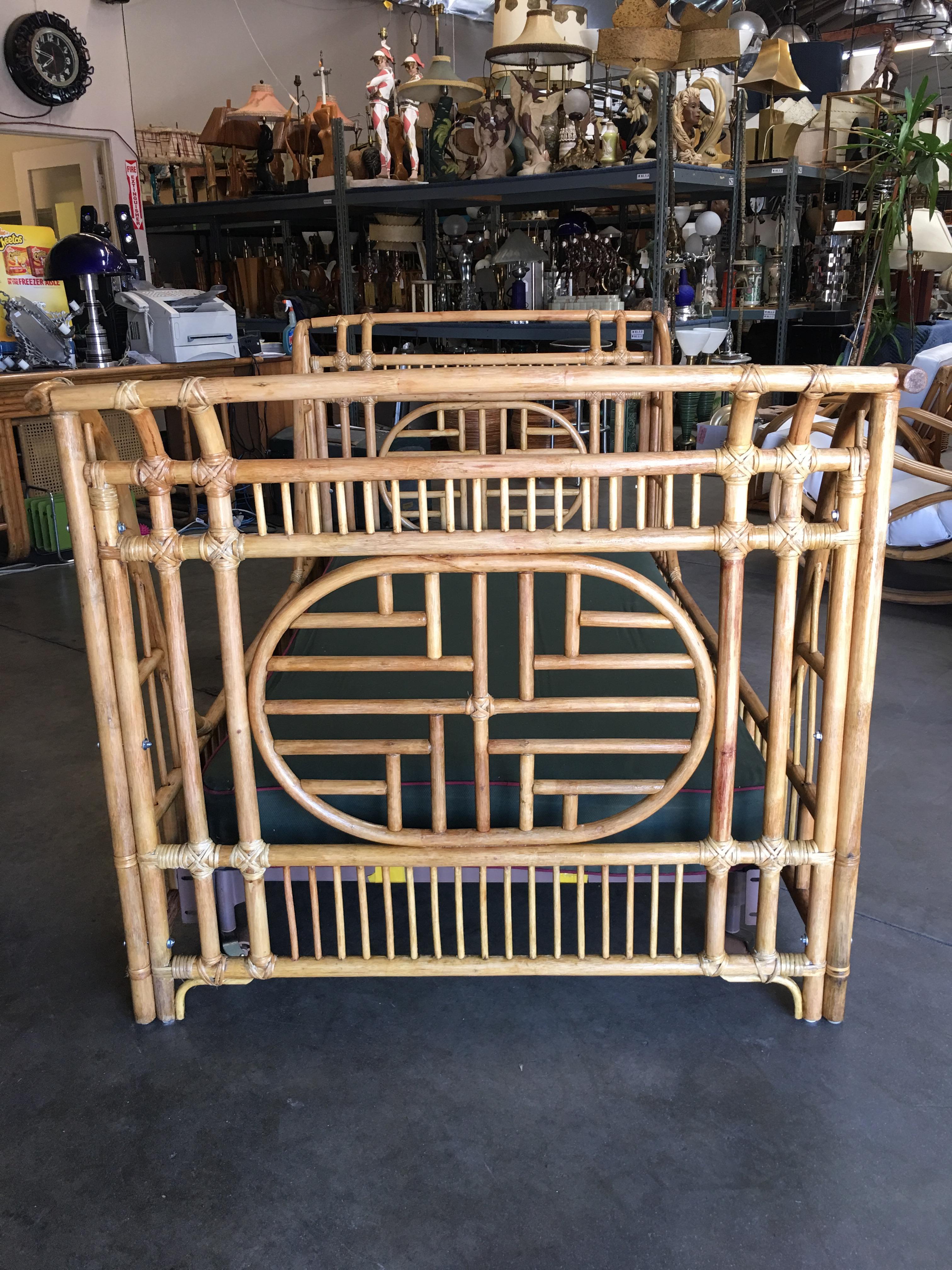 Mid-Century Modern Oriental Style High Grange Pole Rattan Twin Size Sleigh Bed Frame