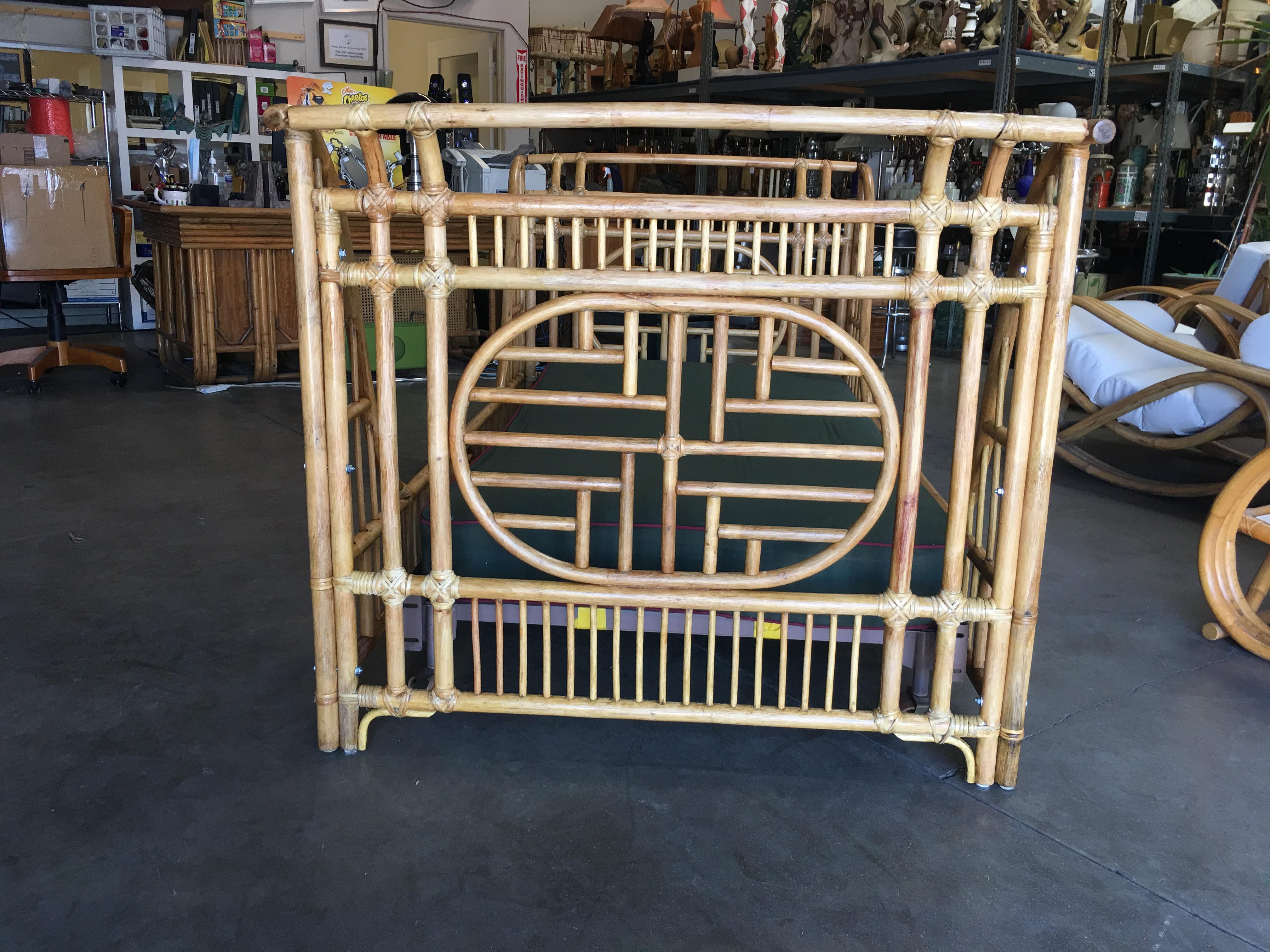 American Oriental Style High Grange Pole Rattan Twin Size Sleigh Bed Frame