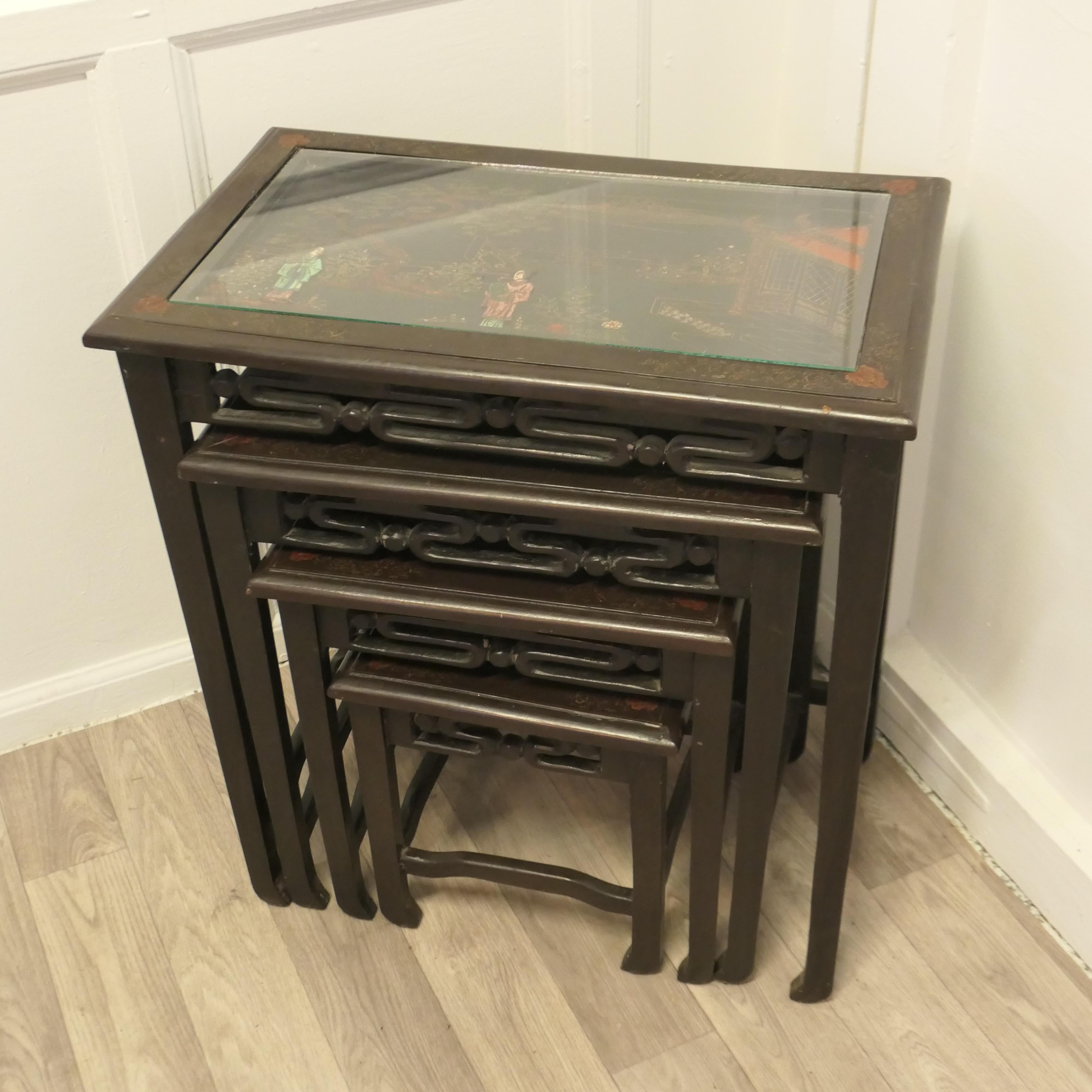 Oriental Style Nest of 4 Tall Lacquer Tables 3