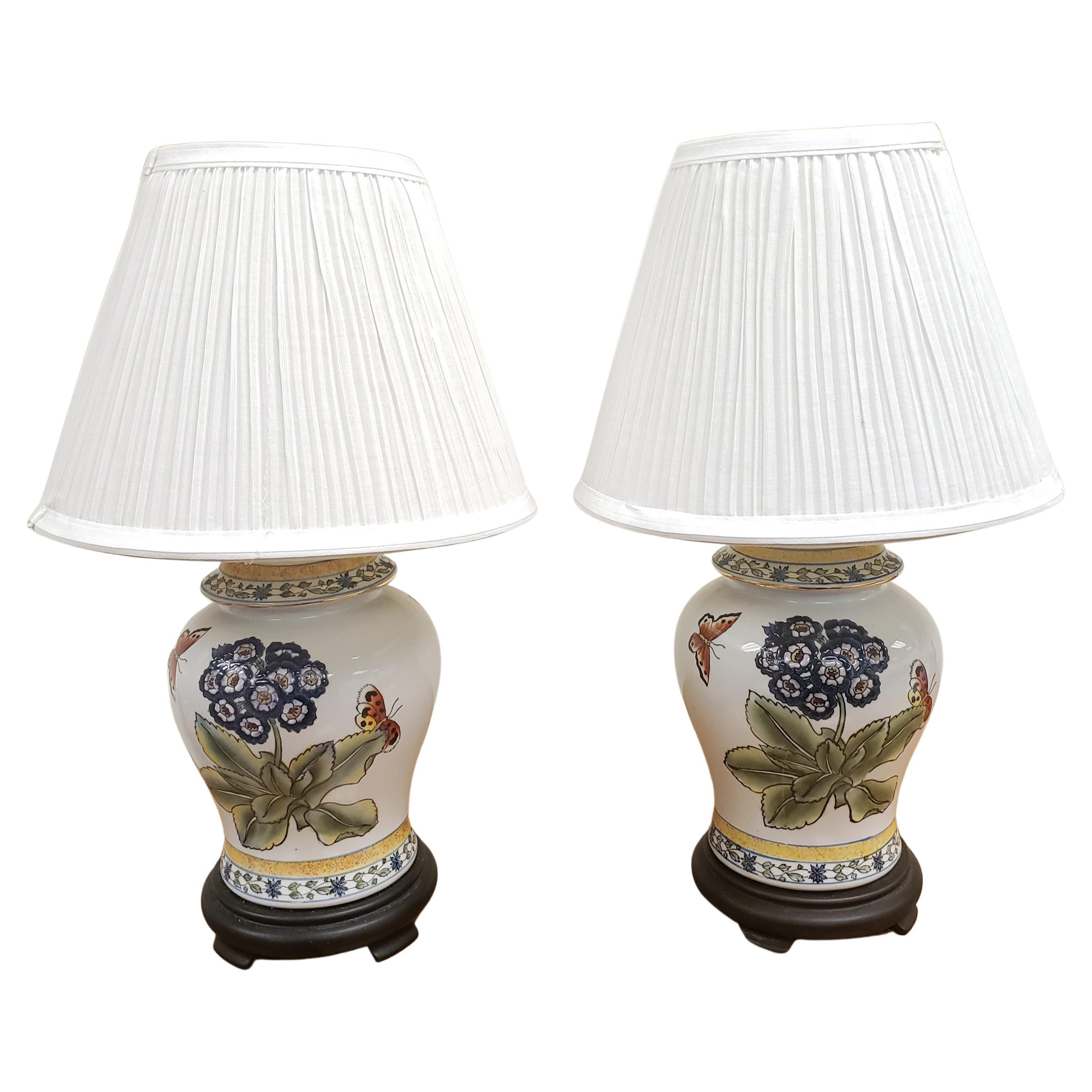 Oriental Style Porcelain and Painted Flowers Ginger Jar Lamps, a Pair